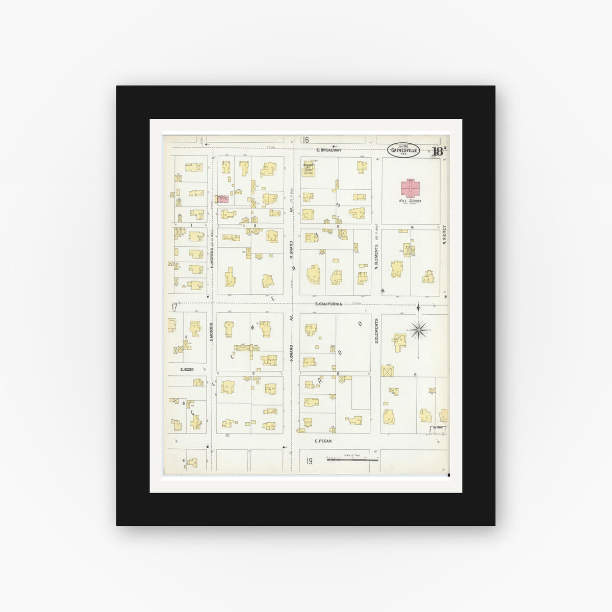 Old map wall art mockup — black gallery frame with white mat — Sanborn Fire Insurance Map from Gainesville, Cooke County, Texas (1902), Sheet #0018