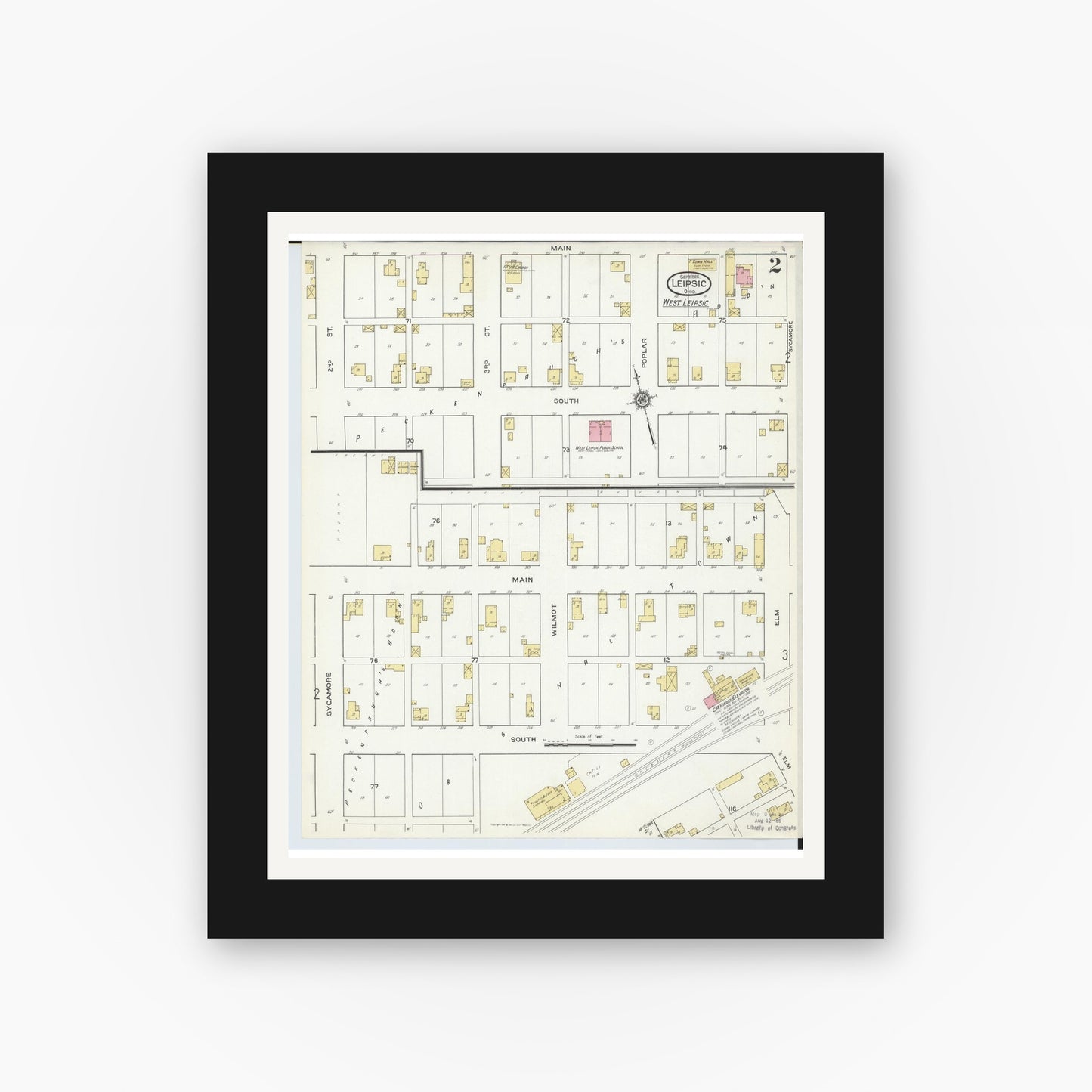 Old map wall art mockup — black gallery frame with white mat — Sanborn Fire Insurance Map from Leipsic, Putnam County, Ohio (1916), Sheet #0002