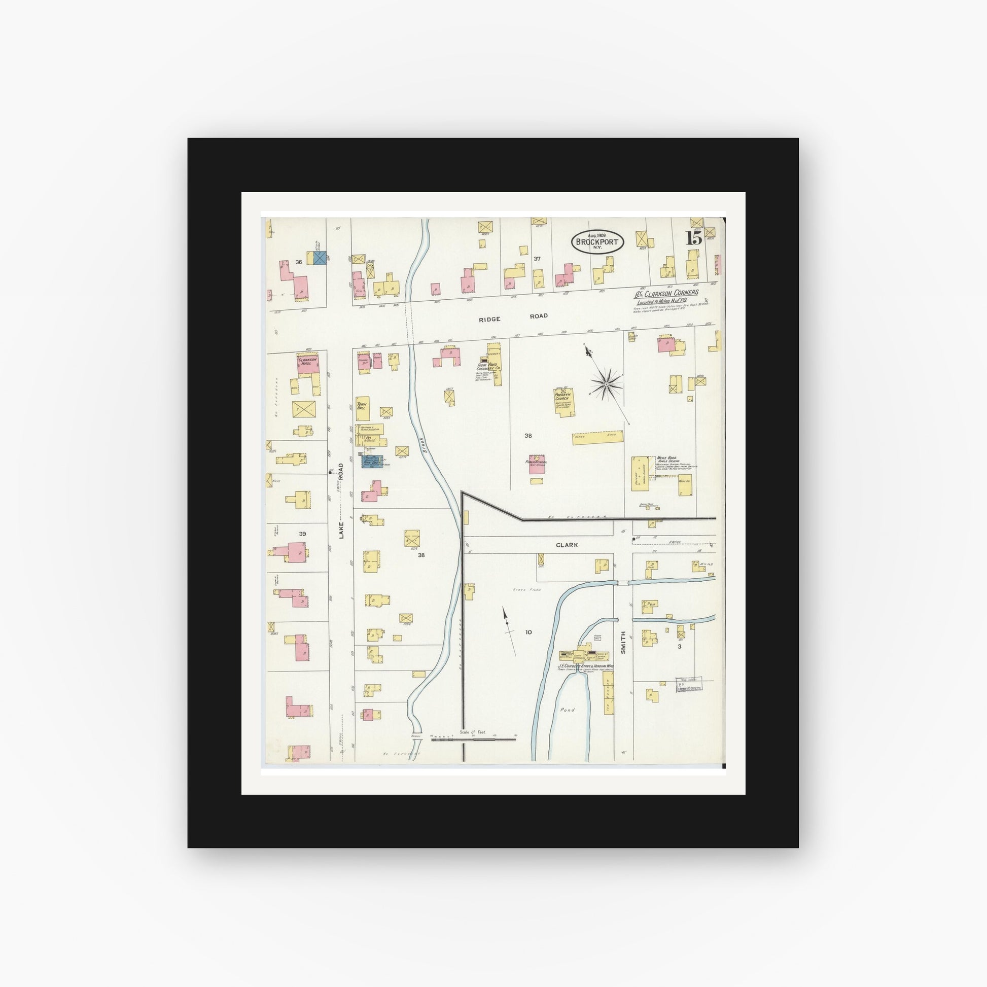 Old map wall art mockup — black gallery frame with white mat — Sanborn Fire Insurance Map from Brockport, Monroe County, New York (1909), Sheet #0015
