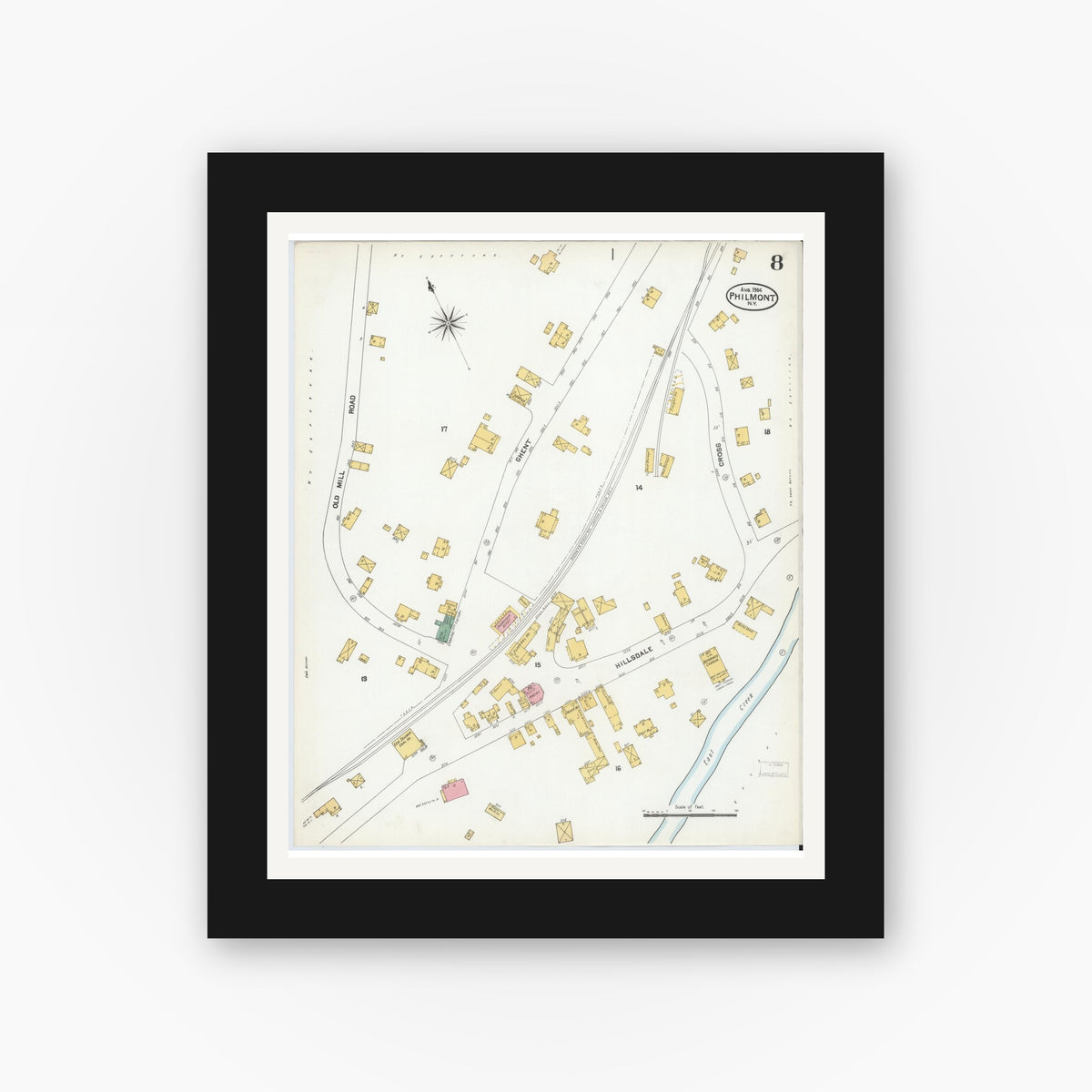 Old map wall art mockup — black gallery frame with white mat — Sanborn Fire Insurance Map from Philmont, Columbia County, New York (1904), Sheet #0008