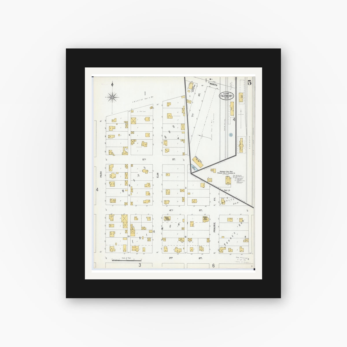 Old map wall art mockup — black gallery frame with white mat — Sanborn Fire Insurance Map from Fairmont, Martin County, Minnesota (1900), Sheet #0005