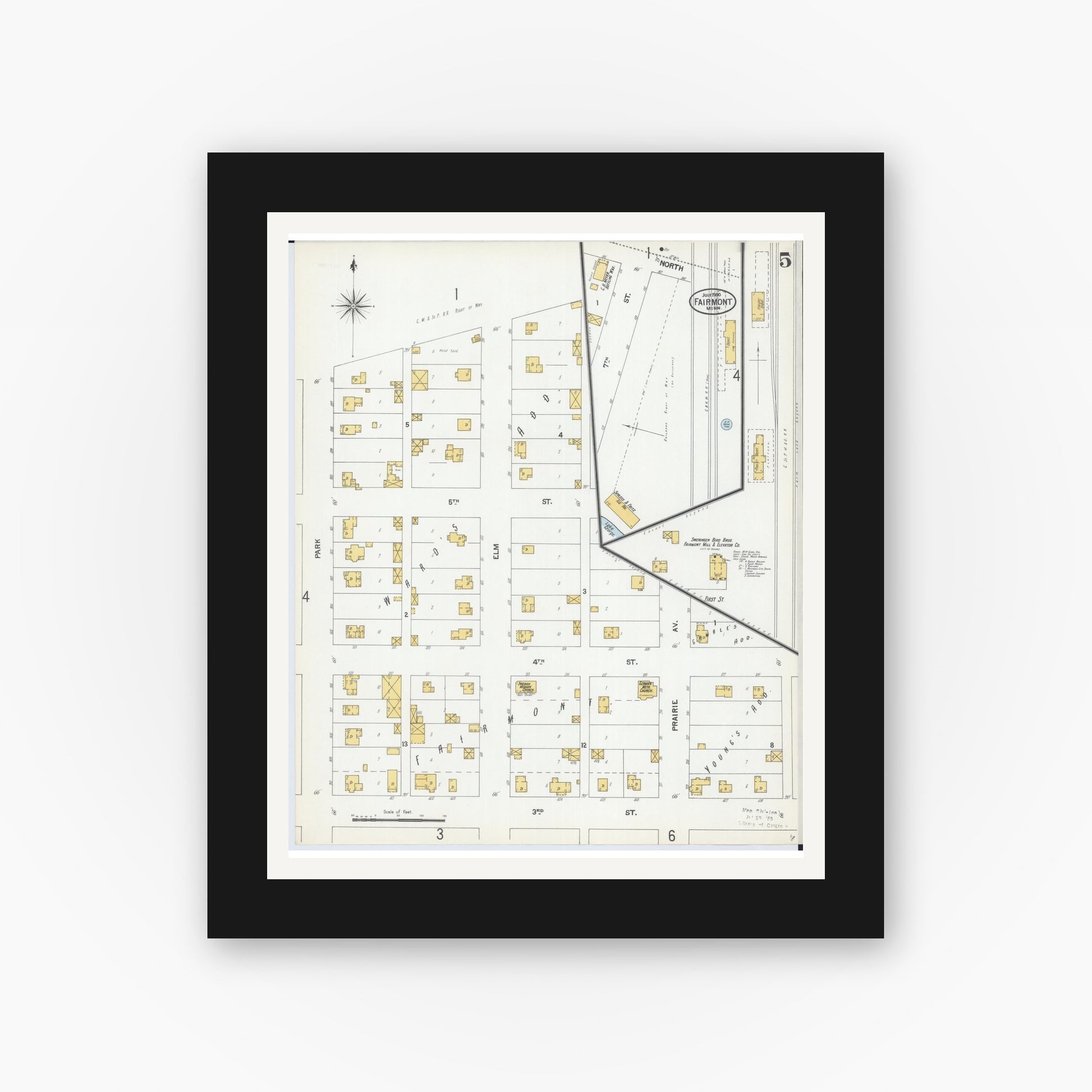 Old map wall art mockup — black gallery frame with white mat — Sanborn Fire Insurance Map from Fairmont, Martin County, Minnesota (1900), Sheet #0005