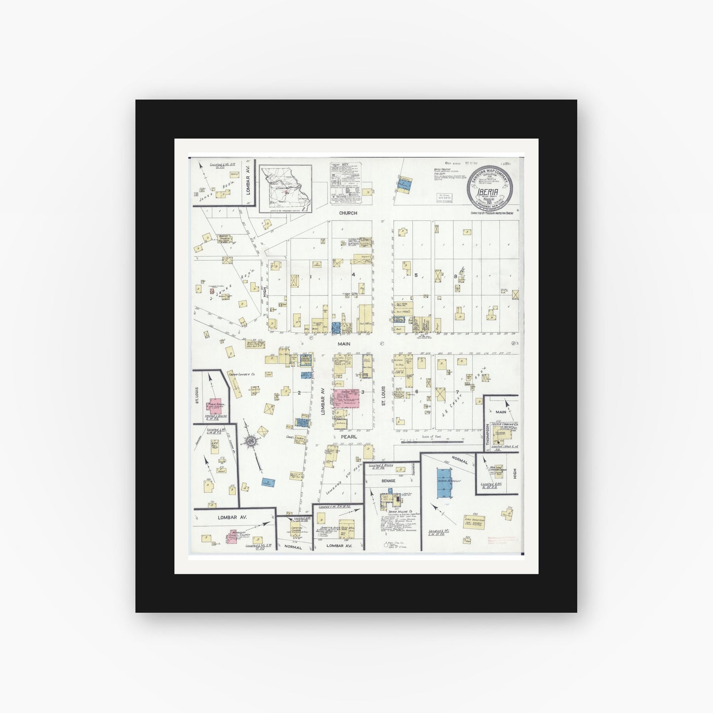 Old map wall art mockup — black gallery frame with white mat — Sanborn Fire Insurance Map from Iberia, Miller County, Missouri (1921), Sheet #0001