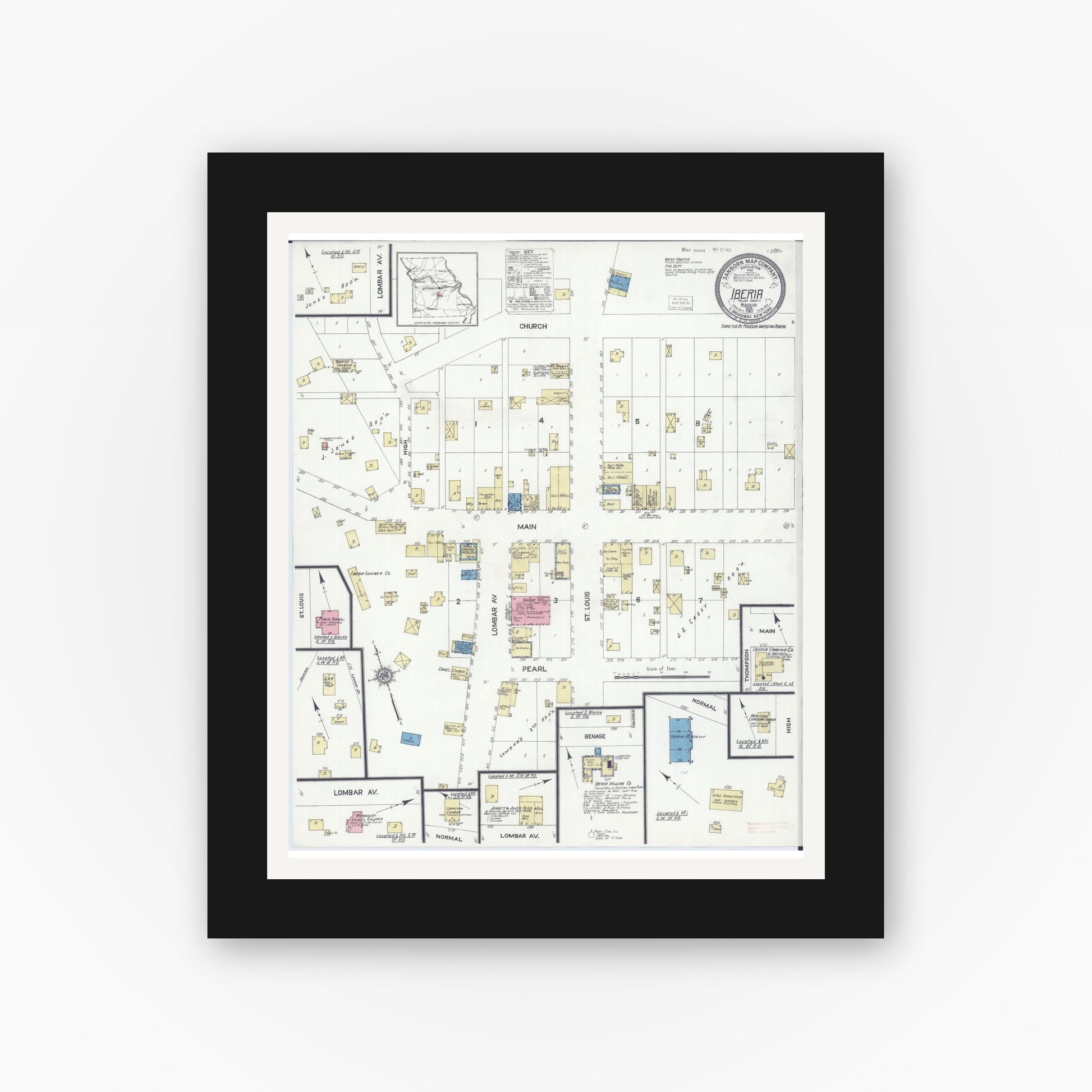Old map wall art mockup — black gallery frame with white mat — Sanborn Fire Insurance Map from Iberia, Miller County, Missouri (1921), Sheet #0001