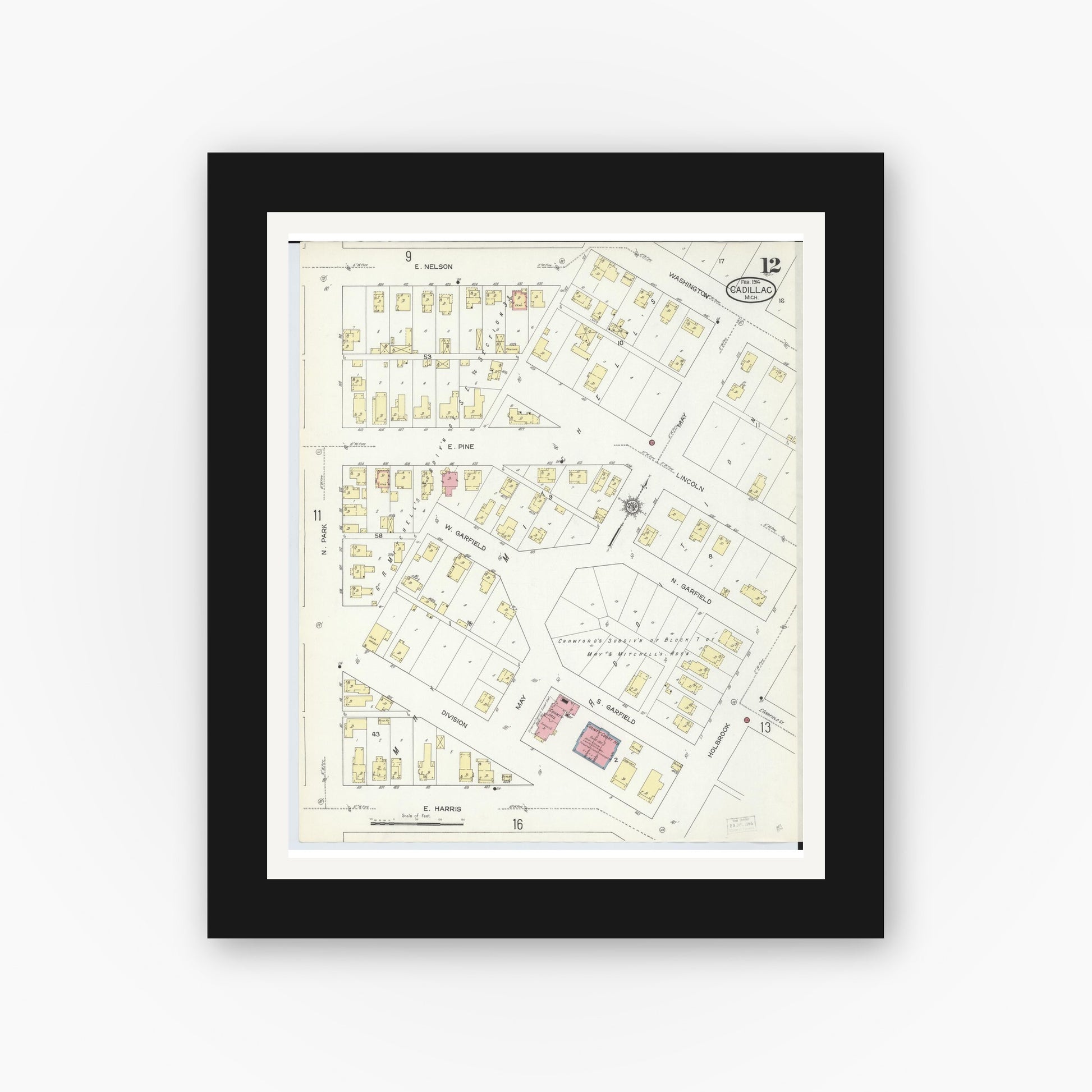 Old map wall art mockup — black gallery frame with white mat — Sanborn Fire Insurance Map from Cadillac, Wexford County, Michigan (1914), Sheet #0012