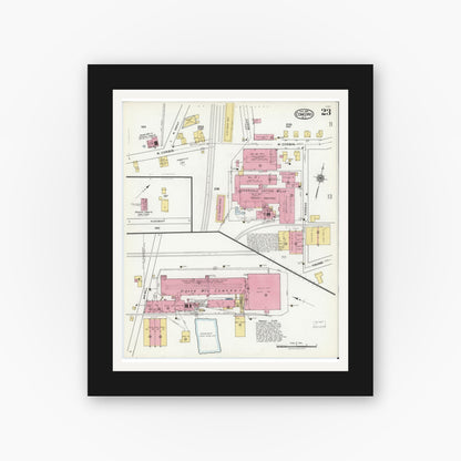Old map wall art mockup — black gallery frame with white mat — Sanborn Fire Insurance Map from Concord, Cabarrus County, North Carolina (1921), Sheet #0023