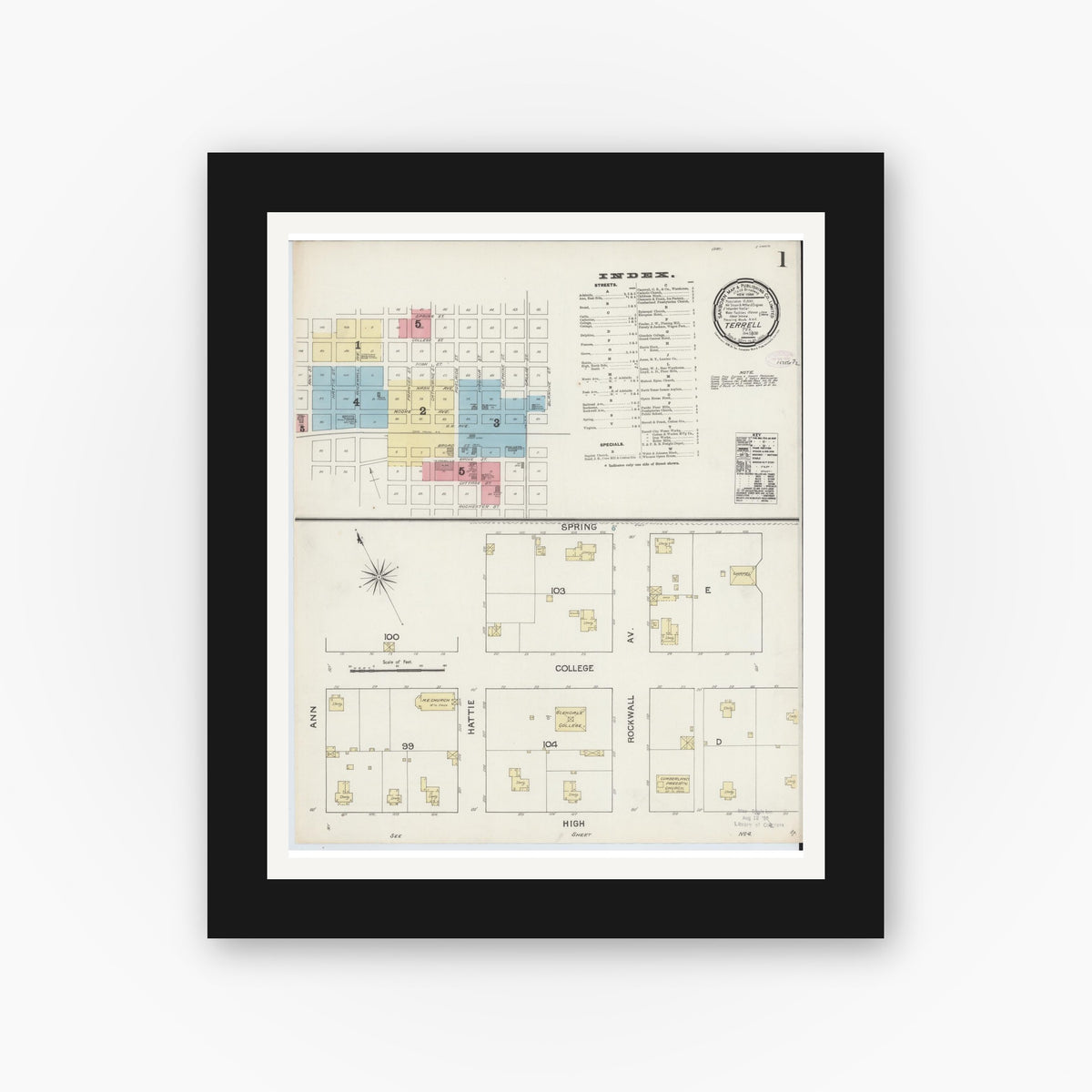 Old map wall art mockup — black gallery frame with white mat — Sanborn Fire Insurance Map from Terrell, Kaufman County, Texas (1888), Sheet #0001