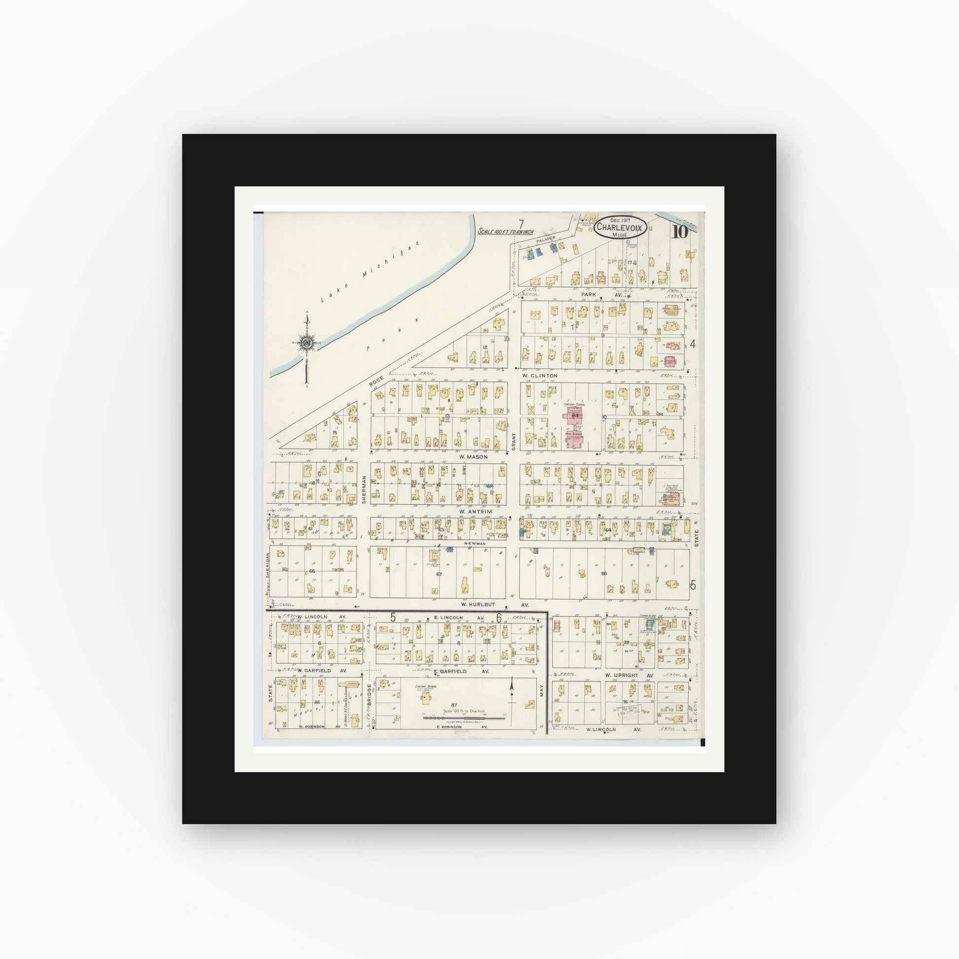 Old map wall art mockup — black gallery frame with white mat — Sanborn Fire Insurance Map from Charlevoix, Charlevoix County, Michigan (1917), Sheet #0010