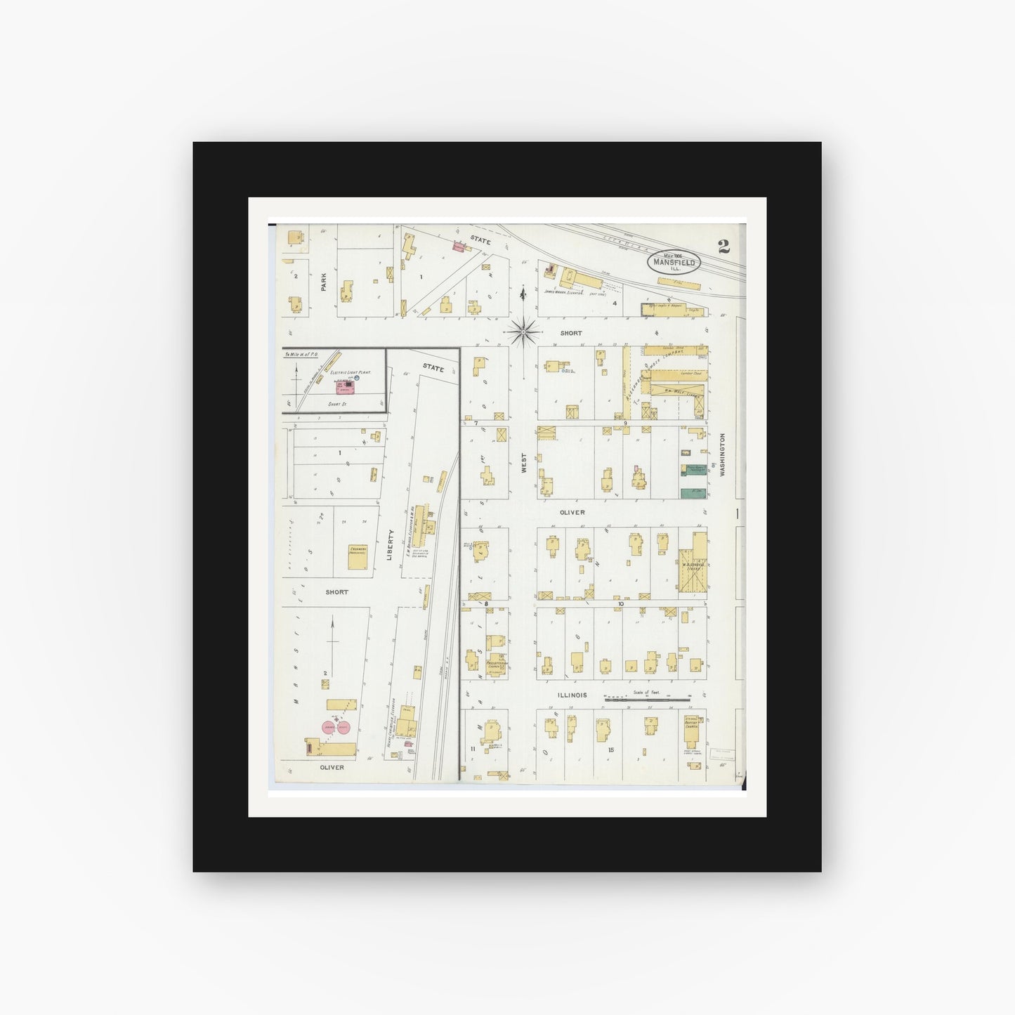 Old map wall art mockup — black gallery frame with white mat — Sanborn Fire Insurance Map from Mansfield, Piatt County, Illinois (1906), Sheet #0002