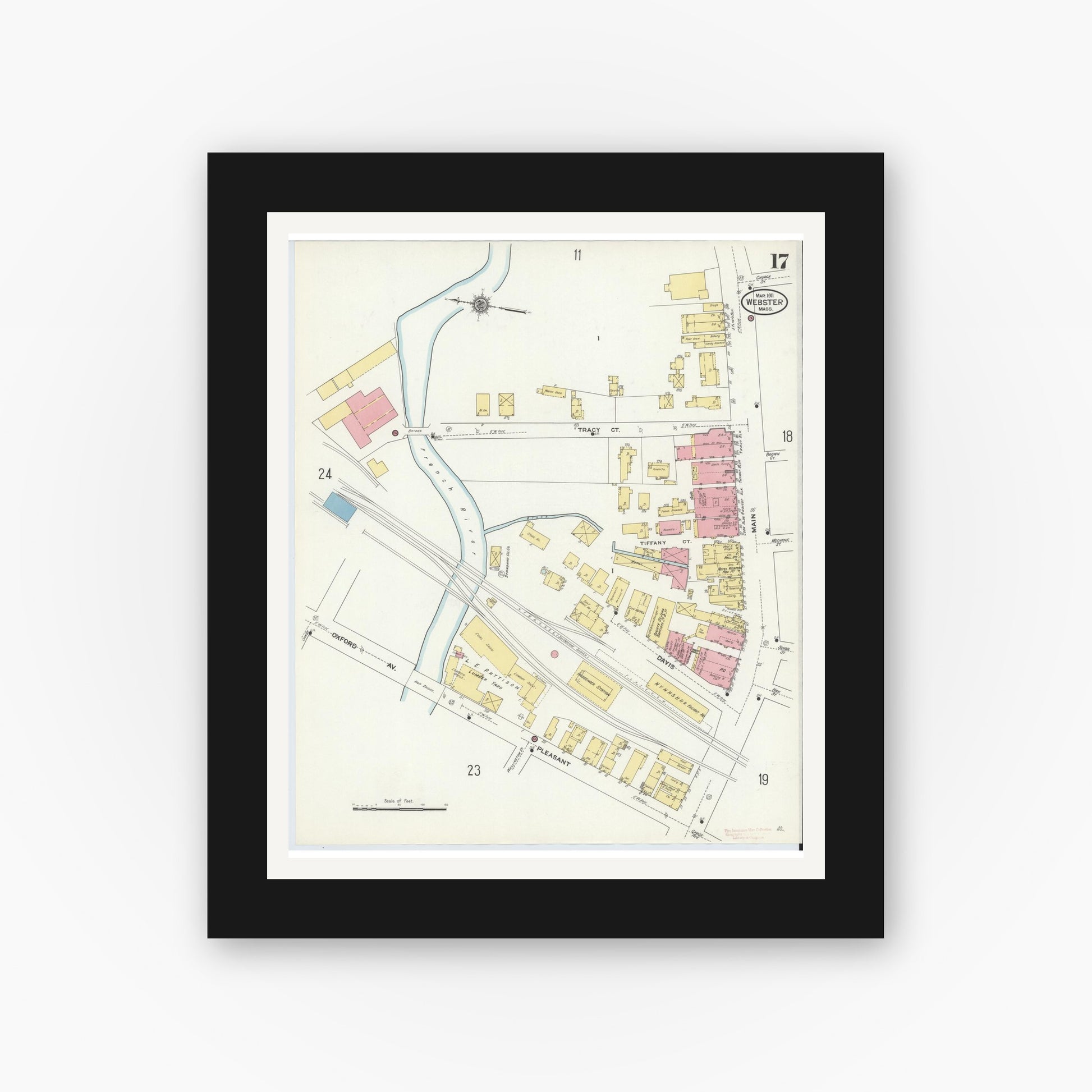 Old map wall art mockup — black gallery frame with white mat — Sanborn Fire Insurance Map from Webster, Worcester County, Massachusetts (1911), Sheet #0017