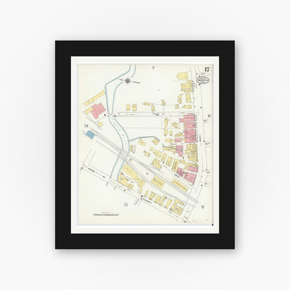 Old map wall art mockup — black gallery frame with white mat — Sanborn Fire Insurance Map from Webster, Worcester County, Massachusetts (1911), Sheet #0017