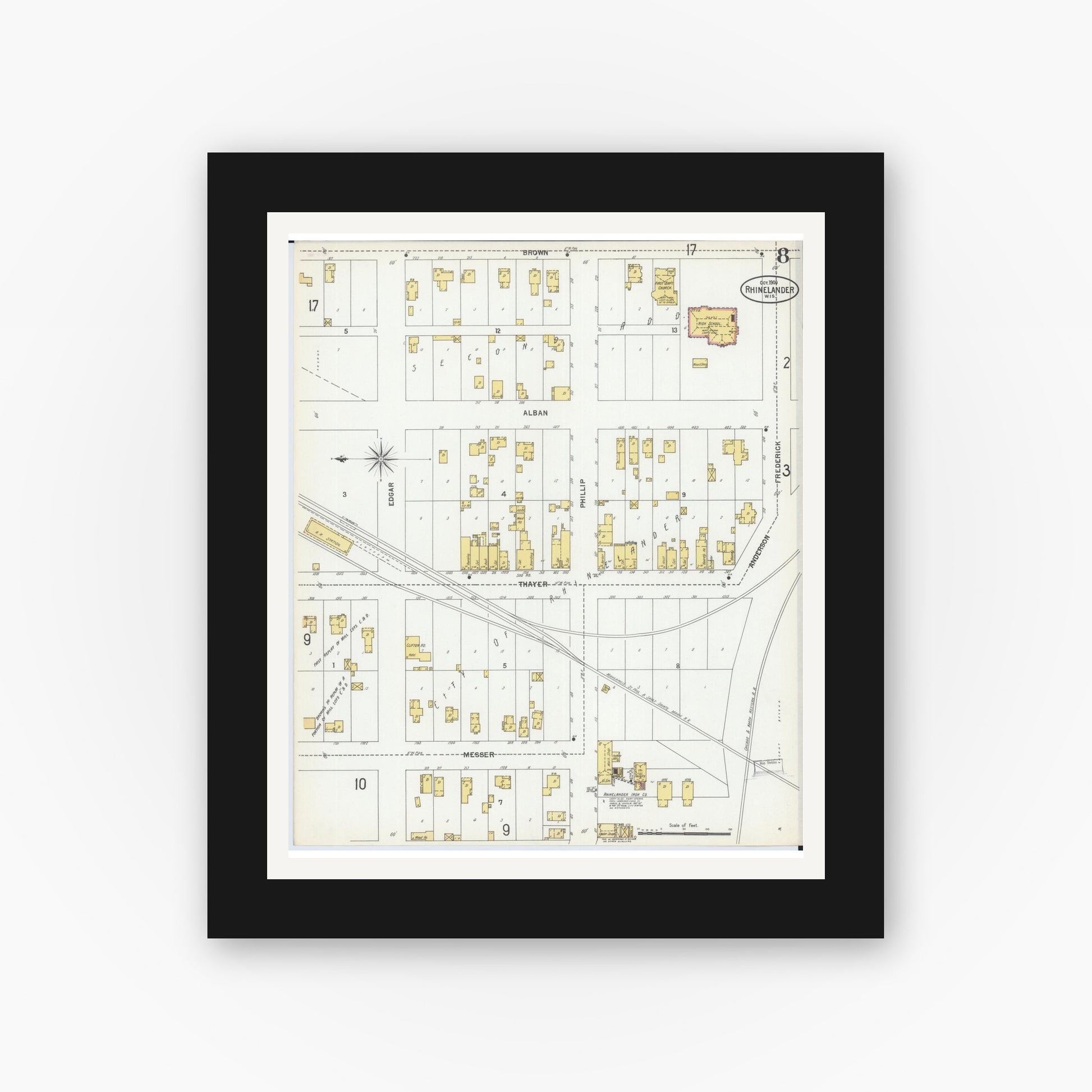 Old map wall art mockup — black gallery frame with white mat — Sanborn Fire Insurance Map from Rhinelander, Oneida County, Wisconsin (1900), Sheet #0008