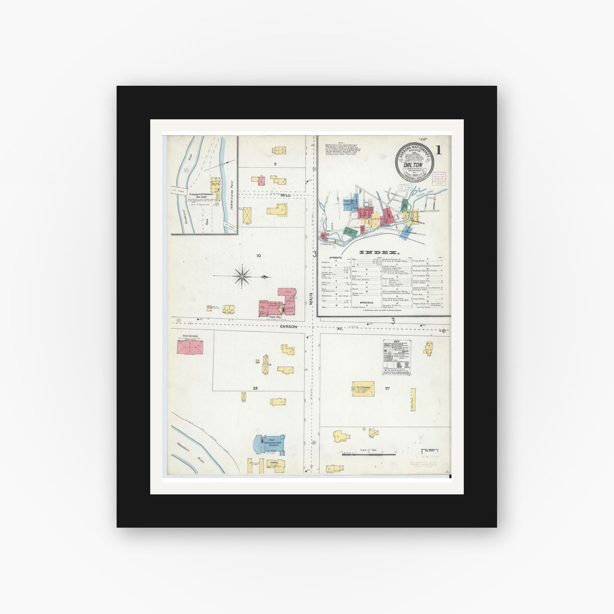 Old map wall art mockup — black gallery frame with white mat — Sanborn Fire Insurance Map from Dalton, Berkshire County, Massachusetts (1905) - Complete Map Set