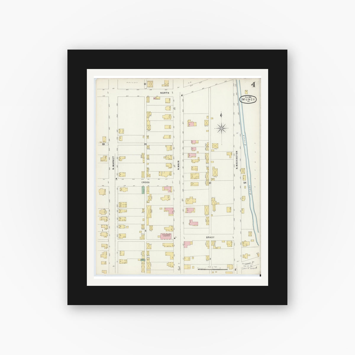 Old map wall art mockup — black gallery frame with white mat — Sanborn Fire Insurance Map from Muncy, Lycoming County, Pennsylvania (1896), Sheet #0004