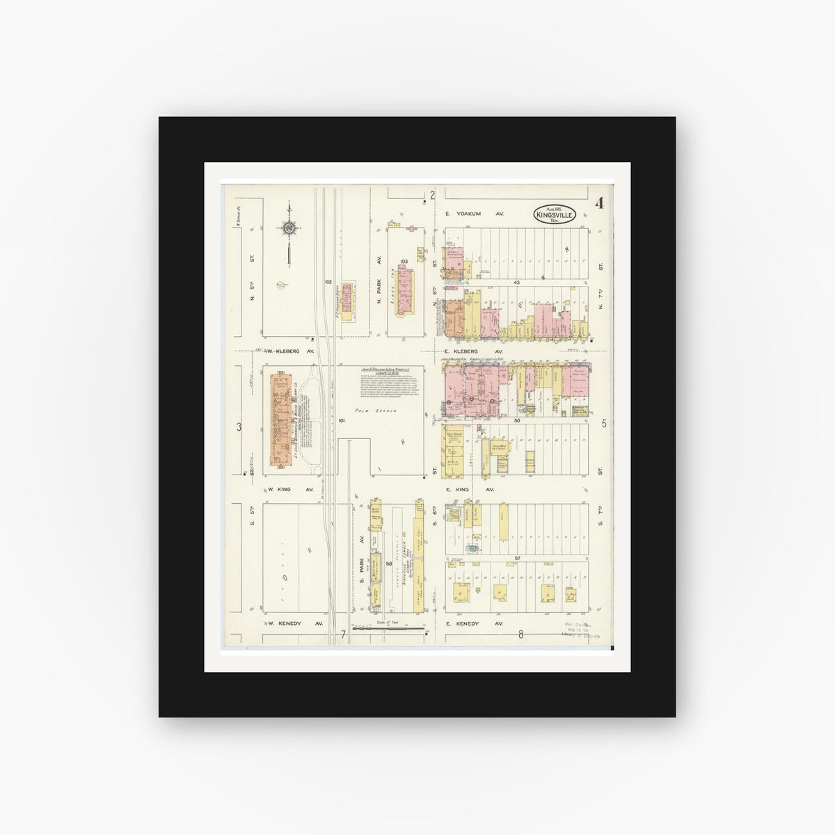 Old map wall art mockup — black gallery frame with white mat — Sanborn Fire Insurance Map from Kingsville, Kleberg County, Texas (1915), Sheet #0004