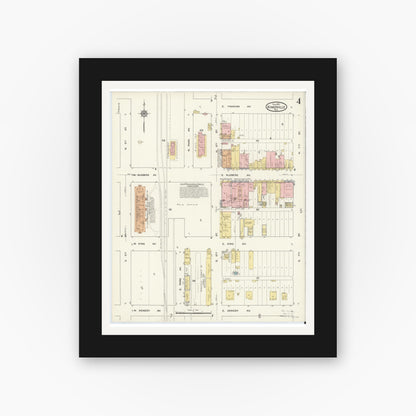 Old map wall art mockup — black gallery frame with white mat — Sanborn Fire Insurance Map from Kingsville, Kleberg County, Texas (1915), Sheet #0004