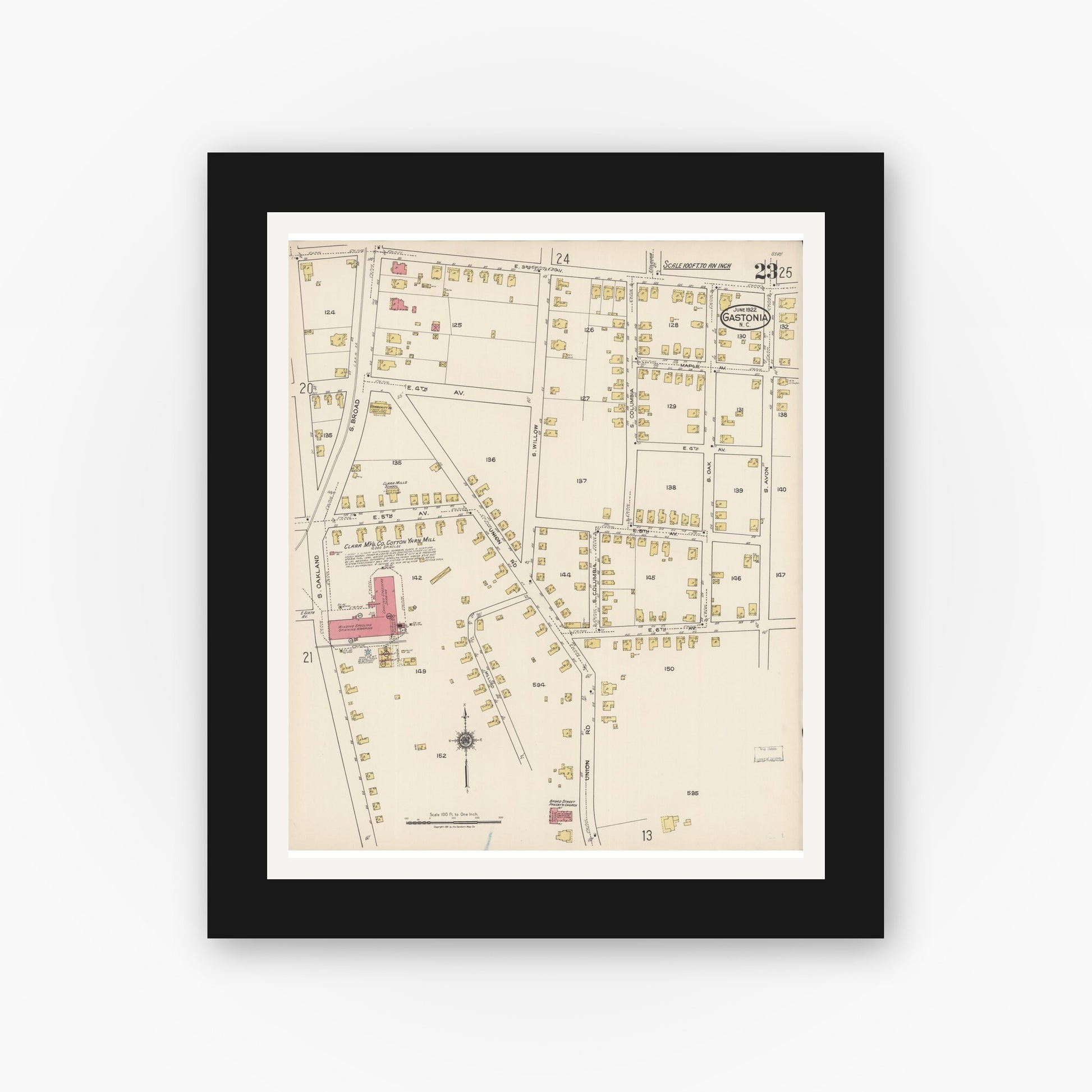 Old map wall art mockup — black gallery frame with white mat — Sanborn Fire Insurance Map from Gastonia, Gaston County, North Carolina (1922), Sheet #0023