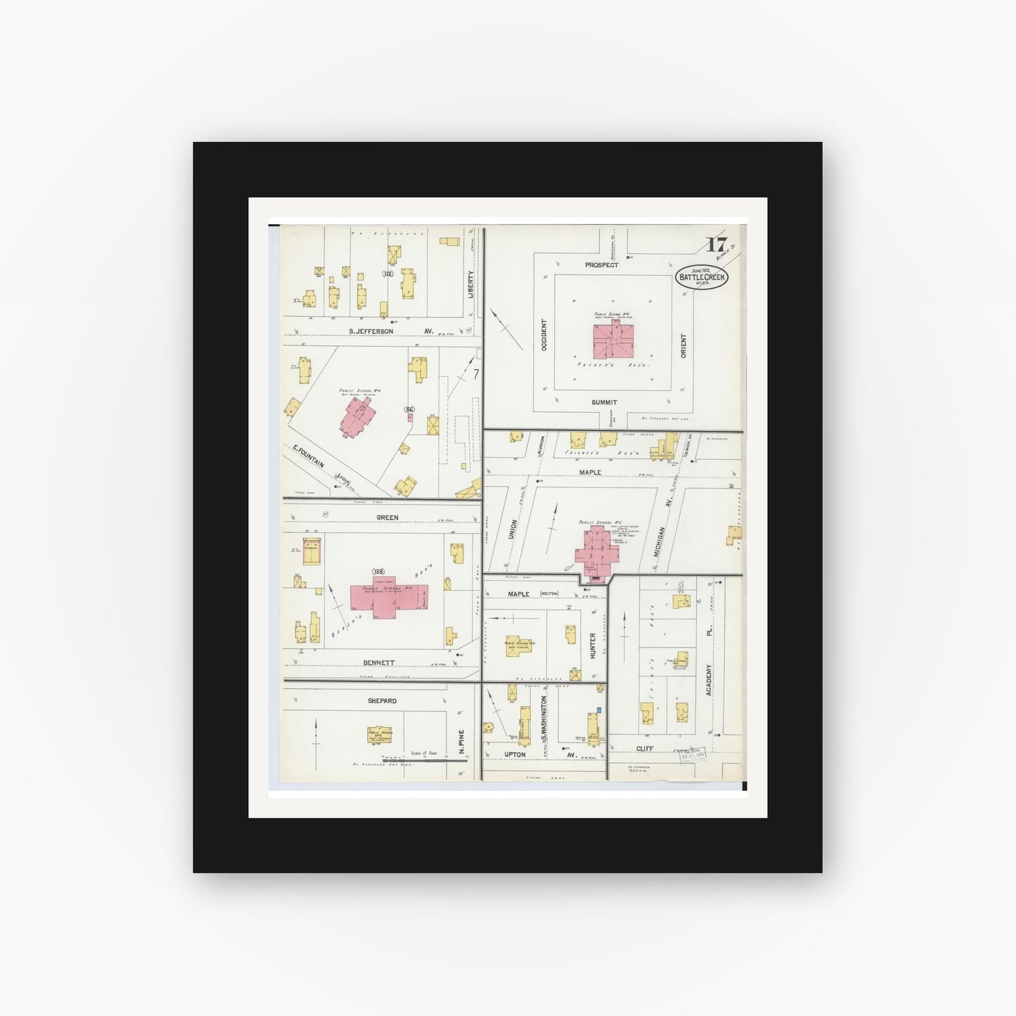 Old map wall art mockup — black gallery frame with white mat — Sanborn Fire Insurance Map from Battle Creek, Calhoun County, Michigan (1902), Sheet #0017