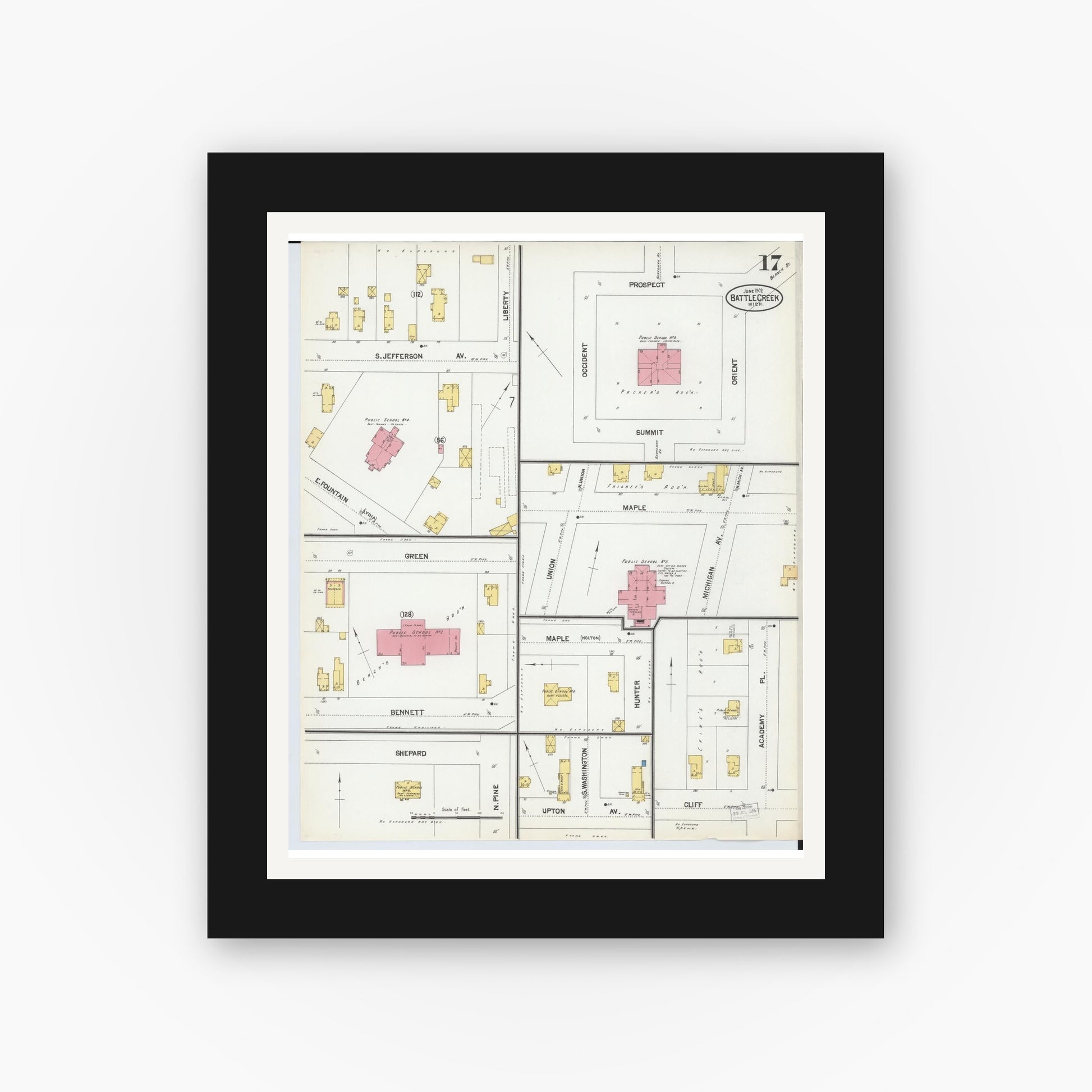 Old map wall art mockup — black gallery frame with white mat — Sanborn Fire Insurance Map from Battle Creek, Calhoun County, Michigan (1902), Sheet #0017