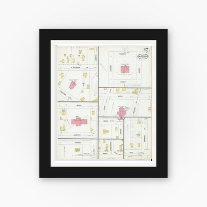 Old map wall art mockup — black gallery frame with white mat — Sanborn Fire Insurance Map from Battle Creek, Calhoun County, Michigan (1902), Sheet #0017