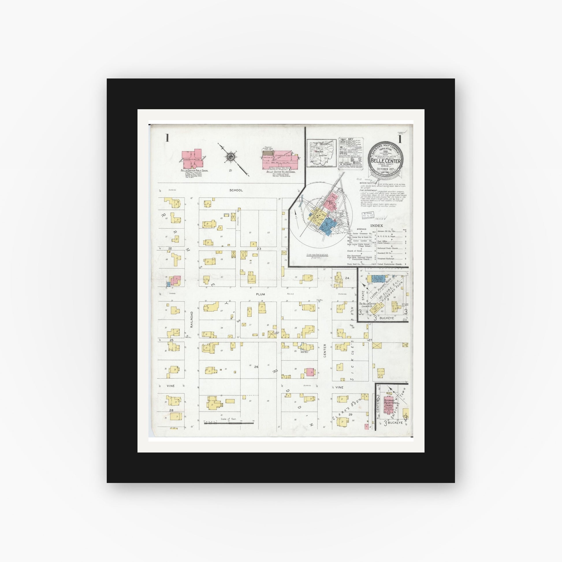 Old map wall art mockup — black gallery frame with white mat — Sanborn Fire Insurance Map from Belle Centre, Logan County, Ohio (1927) - Complete Map Set