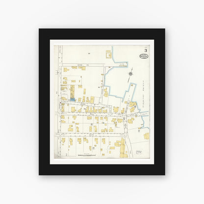 Old map wall art mockup — black gallery frame with white mat — Sanborn Fire Insurance Map from Marion, Plymouth County, Massachusetts (1921), Sheet #0003