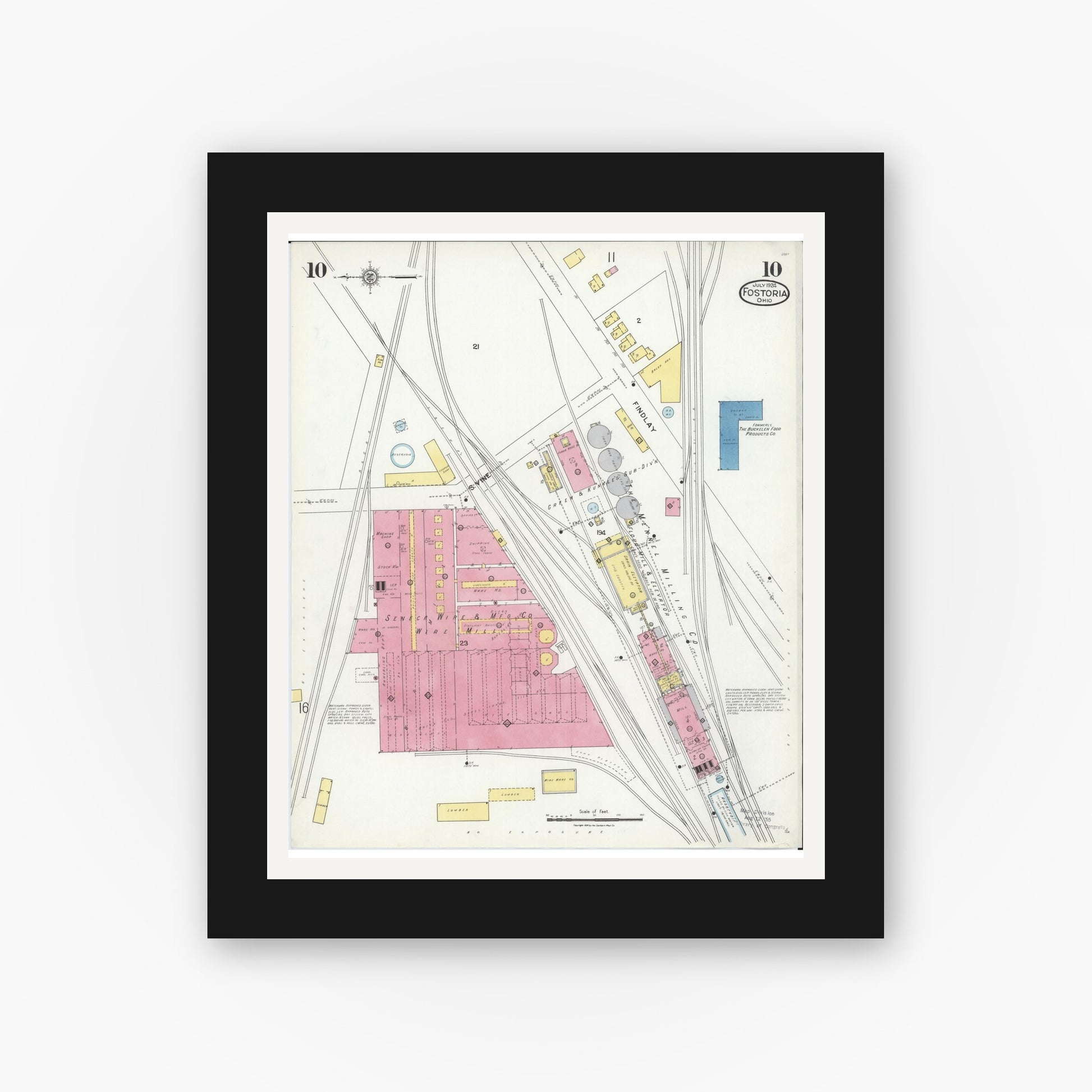 Old map wall art mockup — black gallery frame with white mat — Sanborn Fire Insurance Map from Fostoria, Seneca, Hancock, And Wood Counties, Ohio (1924), Sheet #0010