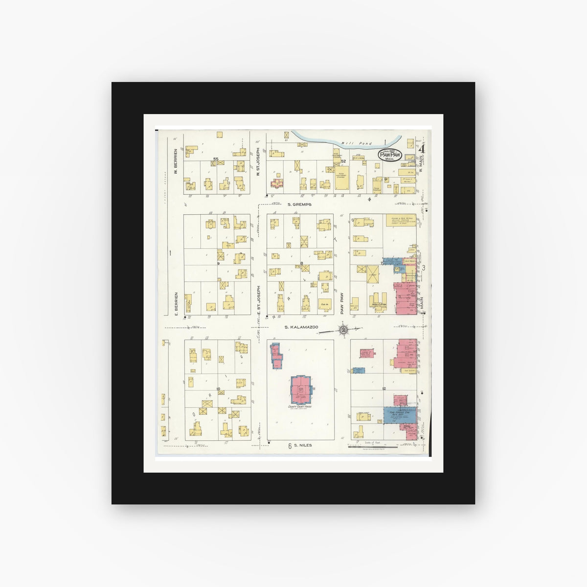 Old map wall art mockup — black gallery frame with white mat — Sanborn Fire Insurance Map from Paw Paw, Van Buren County, Michigan (1922), Sheet #0004