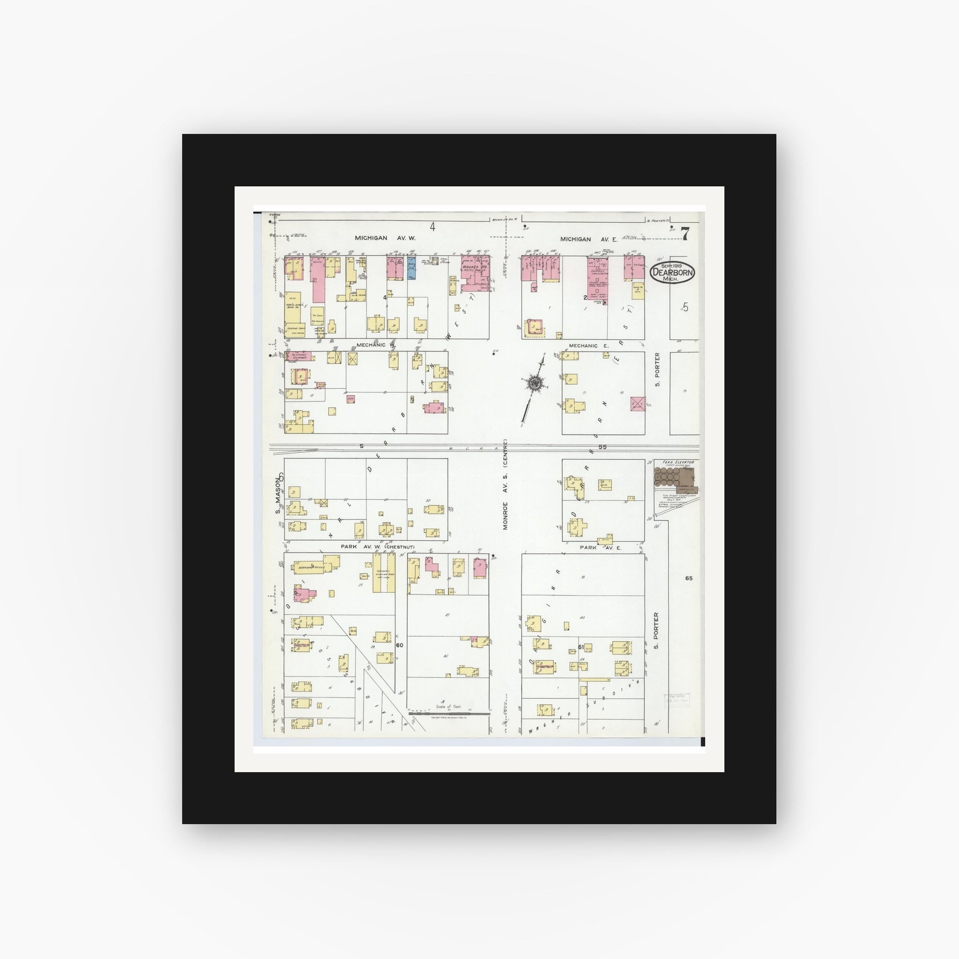 Old map wall art mockup — black gallery frame with white mat — Sanborn Fire Insurance Map from Dearborn, Wayne County, Michigan (1919), Sheet #0007