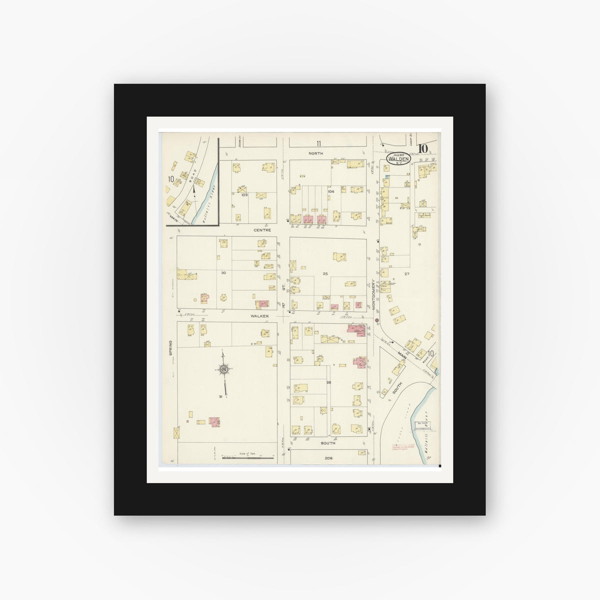 Old map wall art mockup — black gallery frame with white mat — Sanborn Fire Insurance Map from Walden, Orange County, New York (1913), Sheet #0010