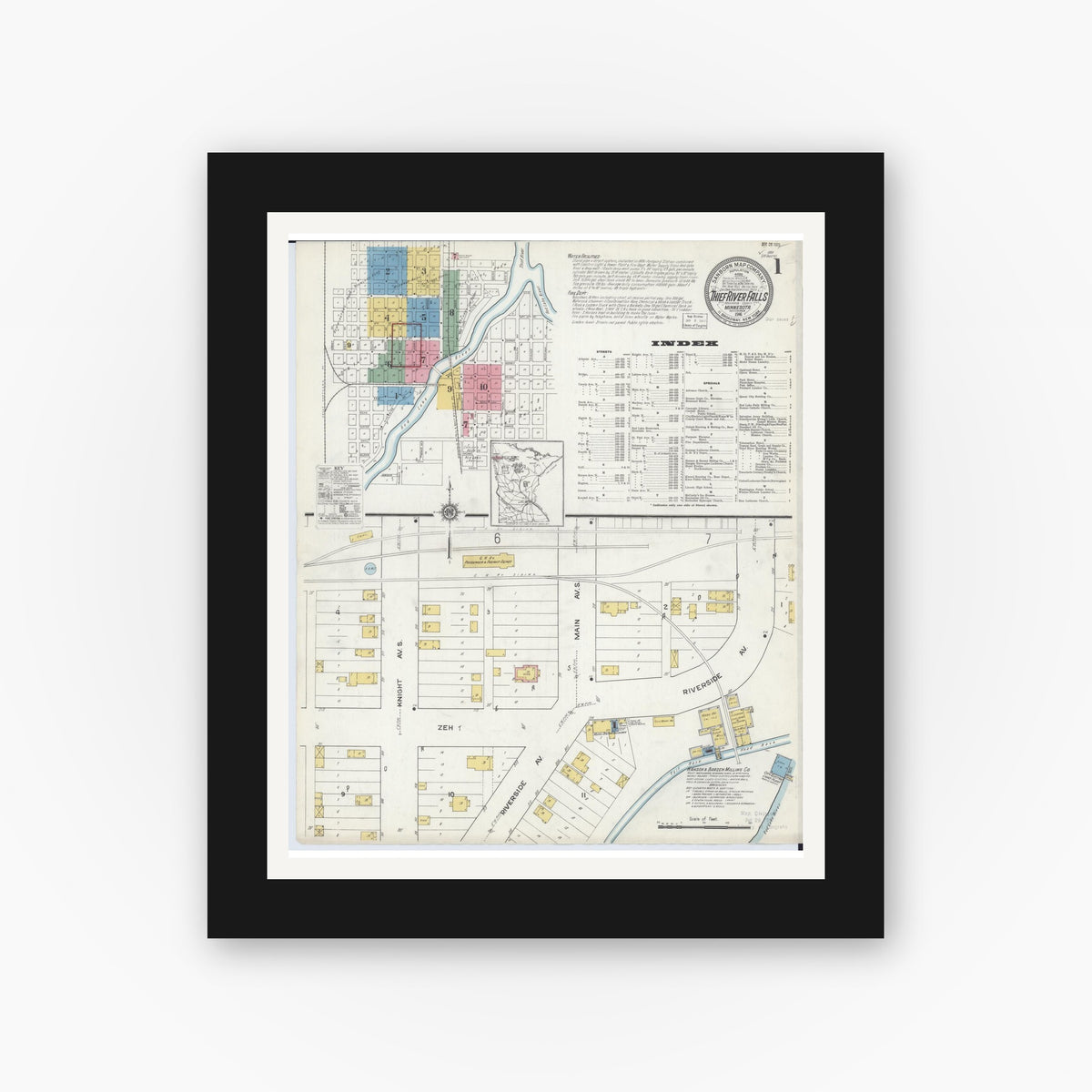 Old map wall art mockup — black gallery frame with white mat — Sanborn Fire Insurance Map from Thief River Falls, Pennington County, Minnesota (1916), Sheet #0001
