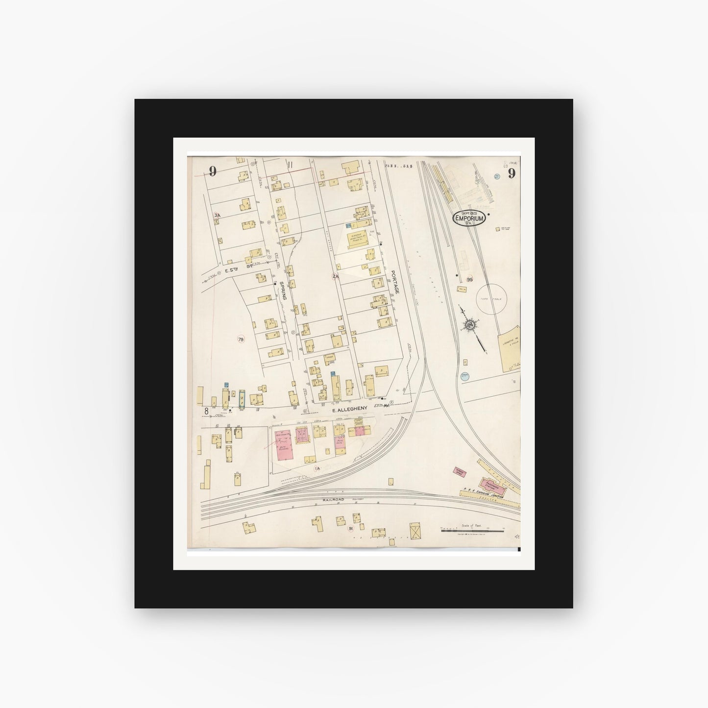 Old map wall art mockup — black gallery frame with white mat — Sanborn Fire Insurance Map from Emporium, Cameron County, Pennsylvania (1938), Sheet #0009