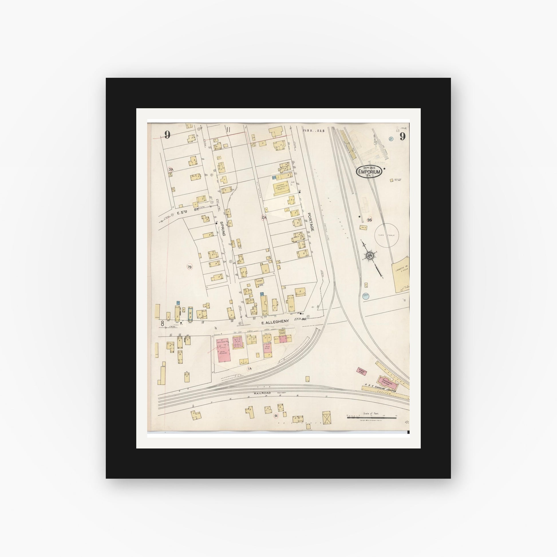 Old map wall art mockup — black gallery frame with white mat — Sanborn Fire Insurance Map from Emporium, Cameron County, Pennsylvania (1938), Sheet #0009