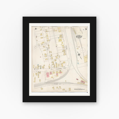 Old map wall art mockup — black gallery frame with white mat — Sanborn Fire Insurance Map from Emporium, Cameron County, Pennsylvania (1938), Sheet #0009