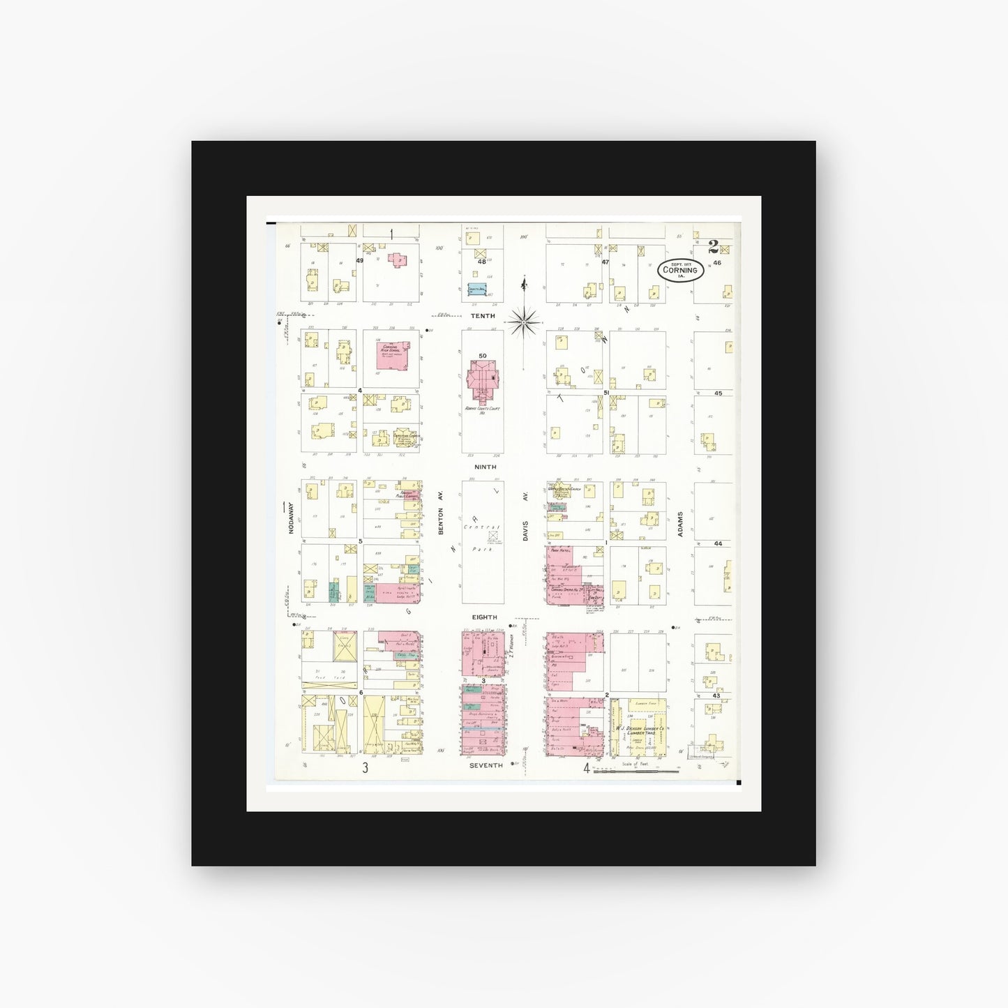 Old map wall art mockup — black gallery frame with white mat — Sanborn Fire Insurance Map from Corning, Adams County, Iowa (1907), Sheet #0002
