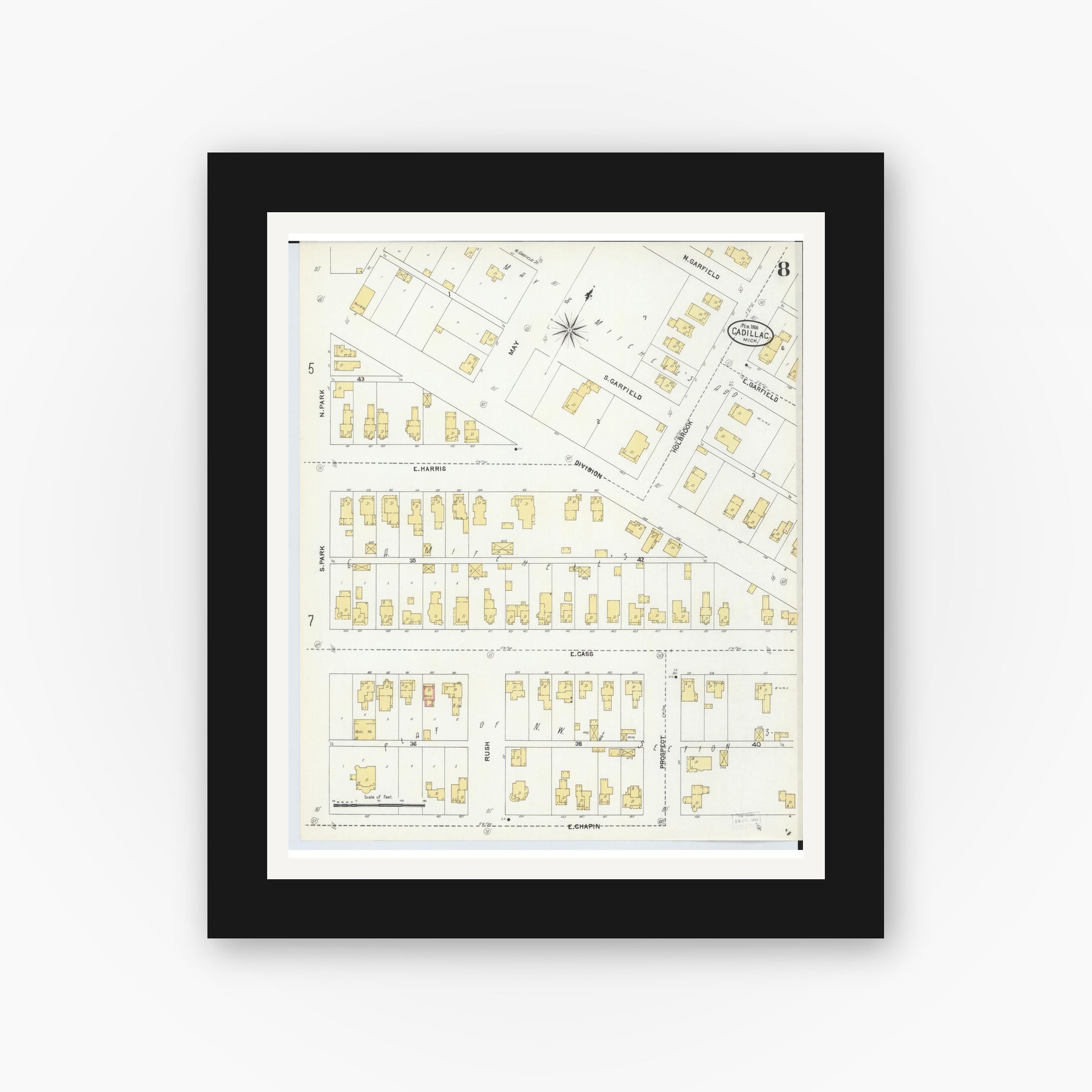 Old map wall art mockup — black gallery frame with white mat — Sanborn Fire Insurance Map from Cadillac, Wexford County, Michigan (1906), Sheet #0008