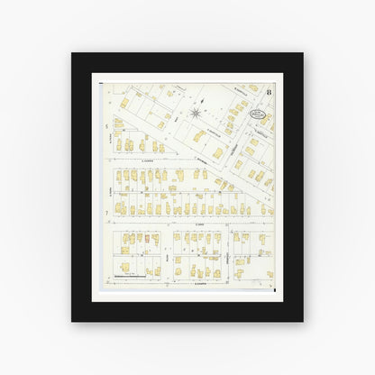 Old map wall art mockup — black gallery frame with white mat — Sanborn Fire Insurance Map from Cadillac, Wexford County, Michigan (1906), Sheet #0008