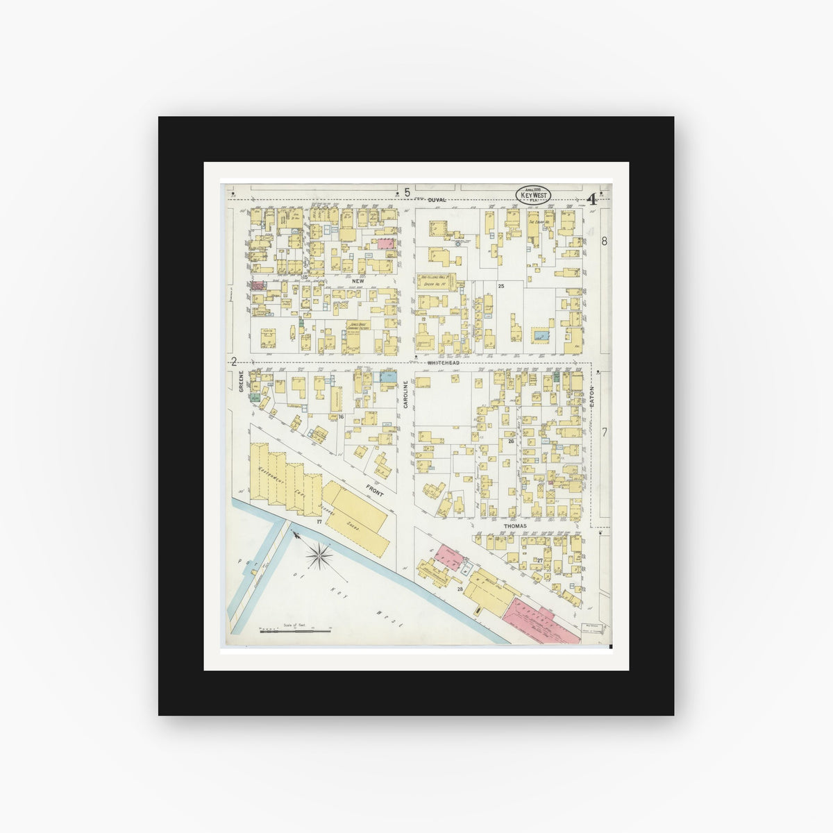 Old map wall art mockup — black gallery frame with white mat — Sanborn Fire Insurance Map from Key West, Monroe County, Florida (1899), Sheet #0004