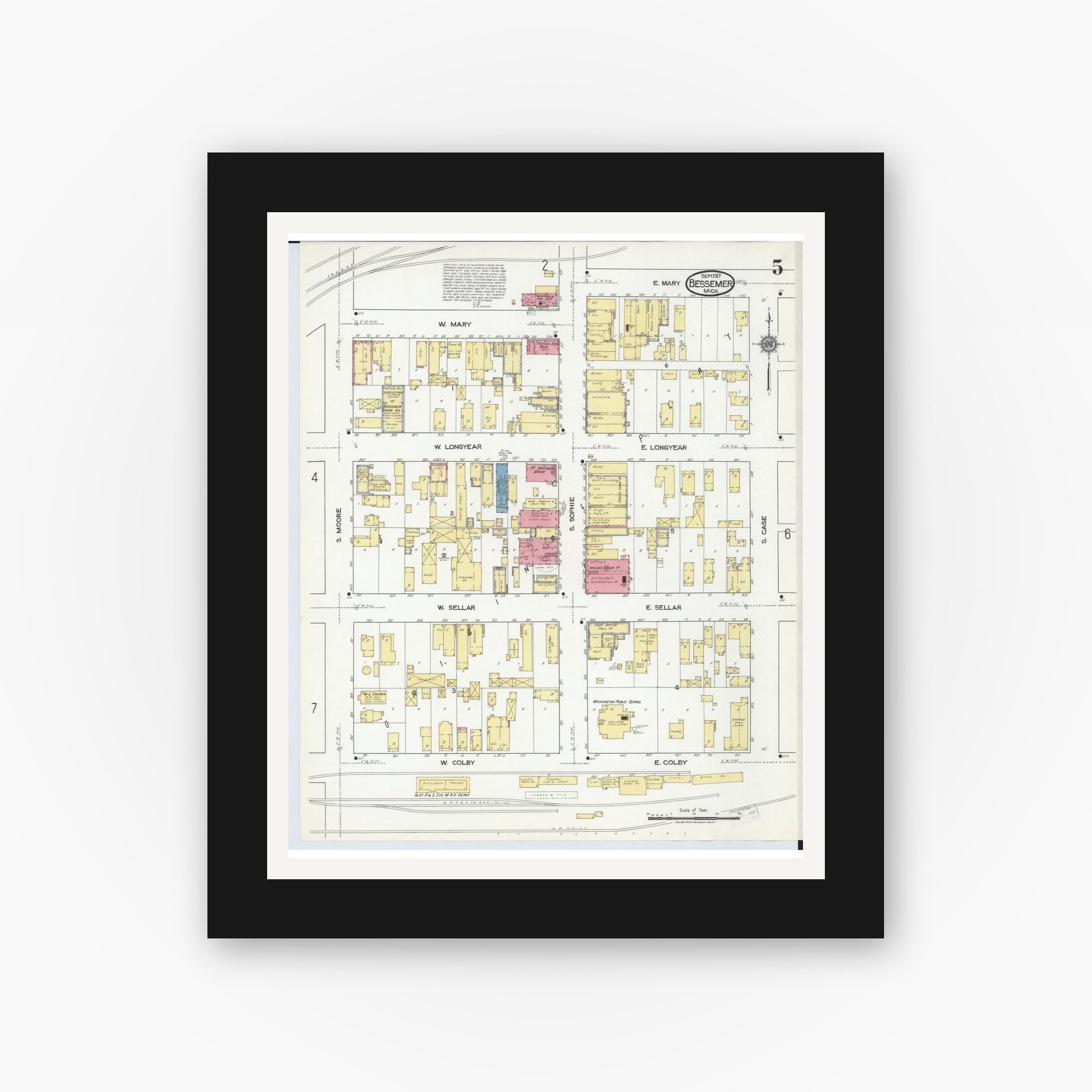 Old map wall art mockup — black gallery frame with white mat — Sanborn Fire Insurance Map from Bessemer, Gogebic County, Michigan (1917), Sheet #0005