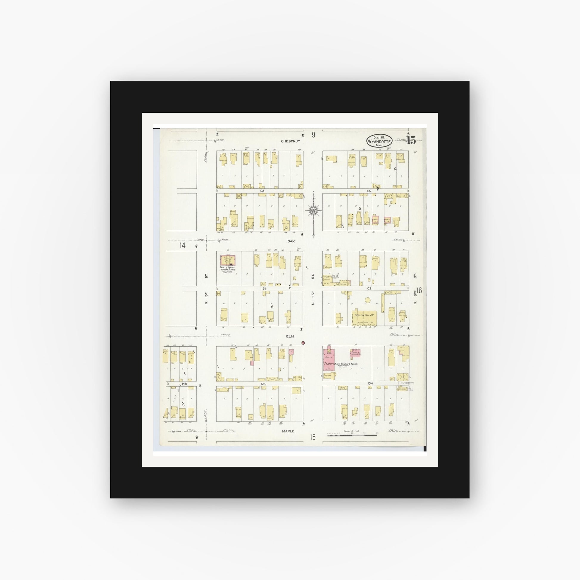 Old map wall art mockup — black gallery frame with white mat — Sanborn Fire Insurance Map from Wyandotte, Wayne County, Michigan (1912), Sheet #0015