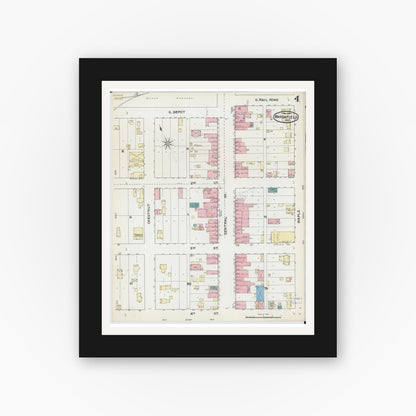 Old map wall art mockup — black gallery frame with white mat — Sanborn Fire Insurance Map from Marshfield, Wood County, Wisconsin (1891), Sheet #0004