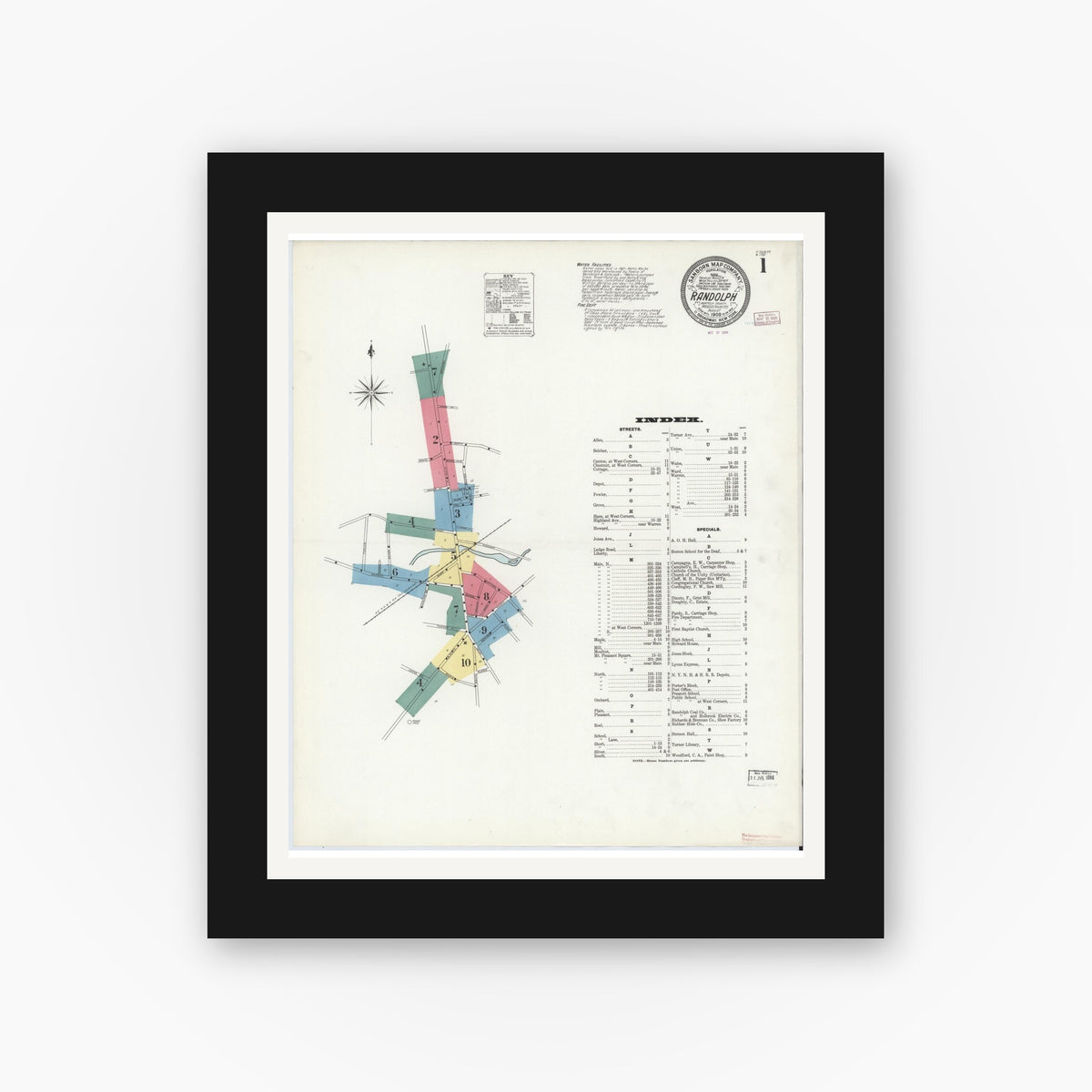Old map wall art mockup — black gallery frame with white mat — Sanborn Fire Insurance Map from Randolph, Norfolk County, Massachusetts (1909) - Complete Map Set