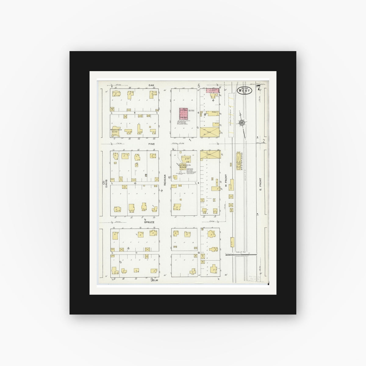 Old map wall art mockup — black gallery frame with white mat — Sanborn Fire Insurance Map from West, McLennan County, Texas (1921), Sheet #0007