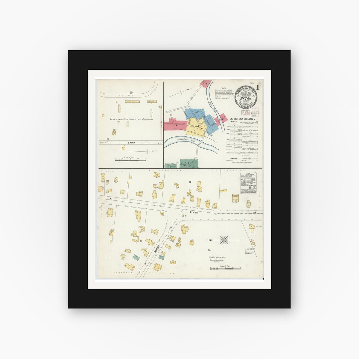 Old map wall art mockup — black gallery frame with white mat — Sanborn Fire Insurance Map from Afton, Chenango County, New York (1903), Sheet #0001