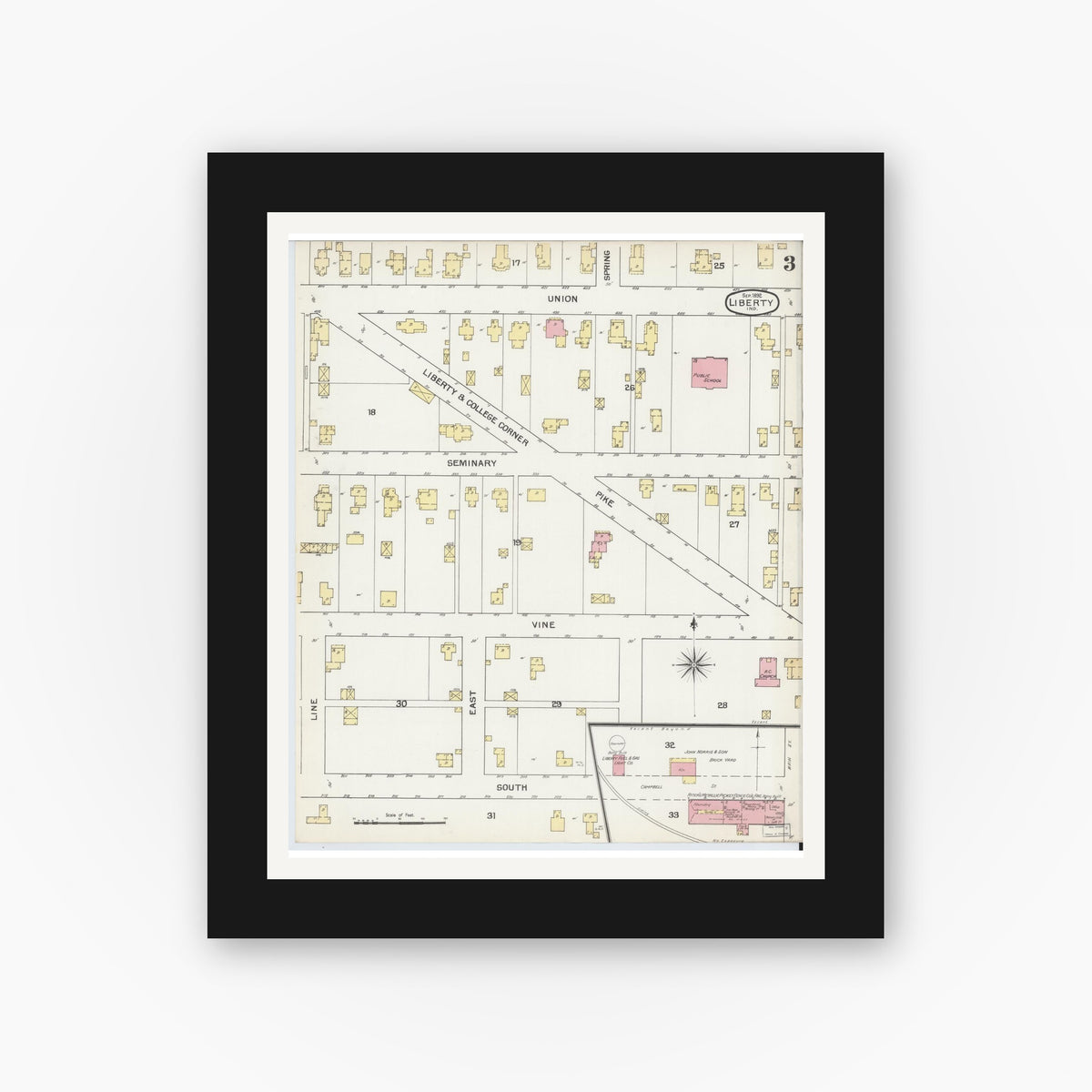 Old map wall art mockup — black gallery frame with white mat — Sanborn Fire Insurance Map from Liberty, Union County, Indiana (1892), Sheet #0003