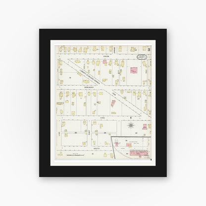Old map wall art mockup — black gallery frame with white mat — Sanborn Fire Insurance Map from Liberty, Union County, Indiana (1892), Sheet #0003