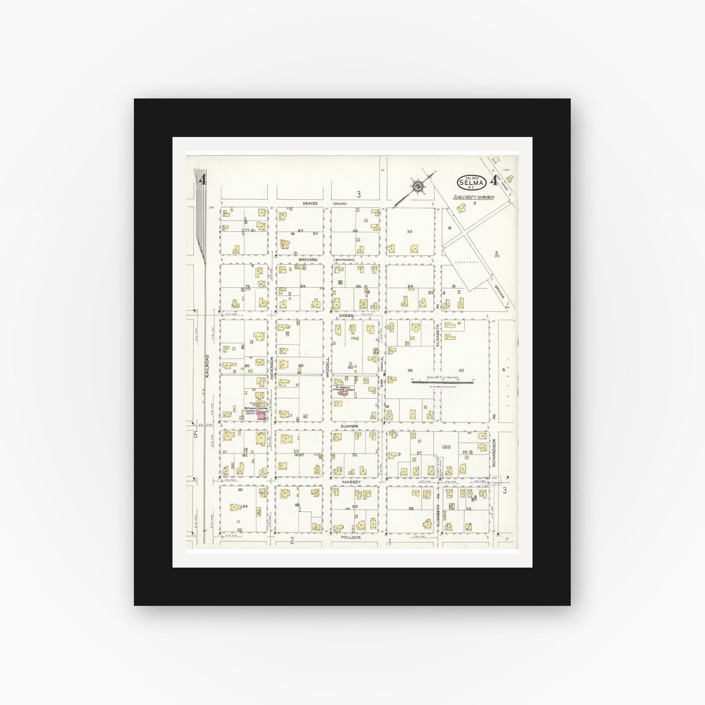 Old map wall art mockup — black gallery frame with white mat — Sanborn Fire Insurance Map from Selma, Johnston County, North Carolina (1923), Sheet #0004