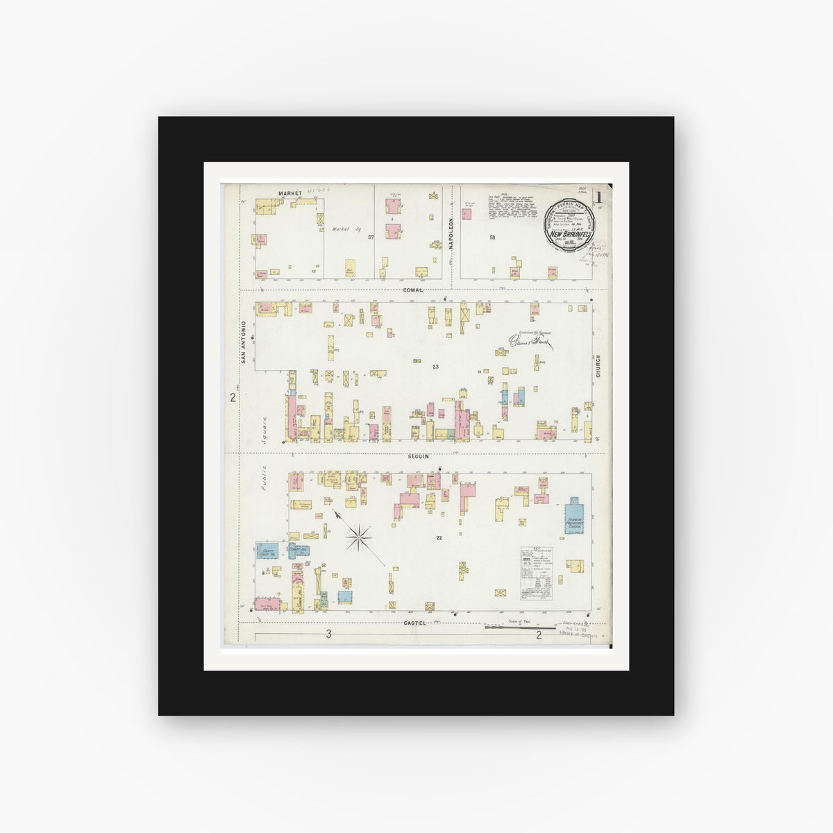 Old map wall art mockup — black gallery frame with white mat — Sanborn Fire Insurance Map from New Braunfels, Comal County, Texas (1896) - Complete Map Set