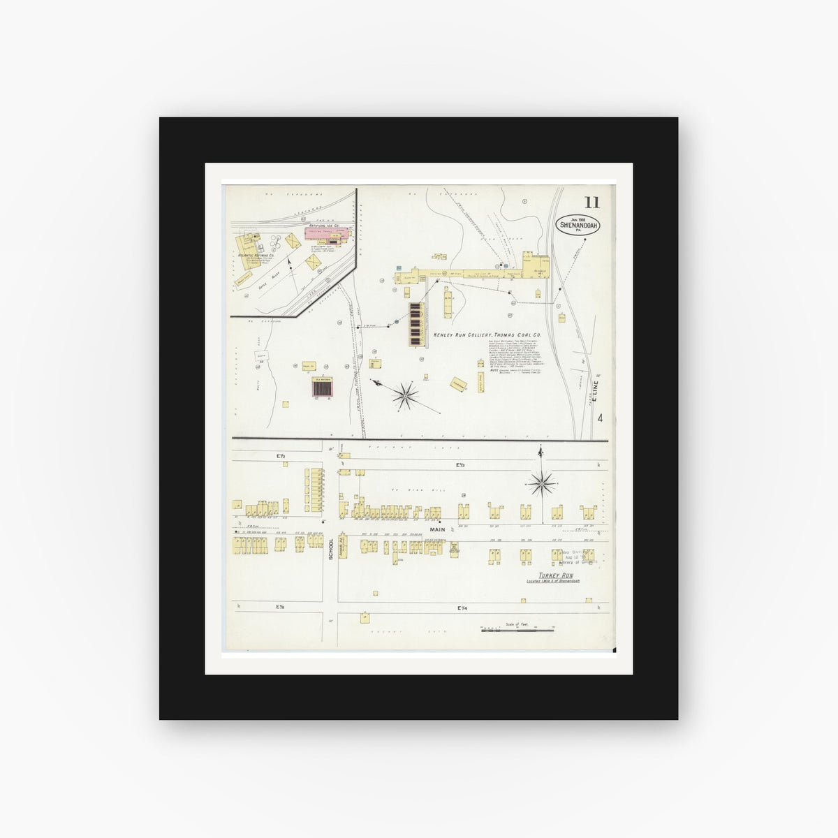 Old map wall art mockup — black gallery frame with white mat — Sanborn Fire Insurance Map from Shenandoah, Schuylkill County, Pennsylvania (1908), Sheet #0011