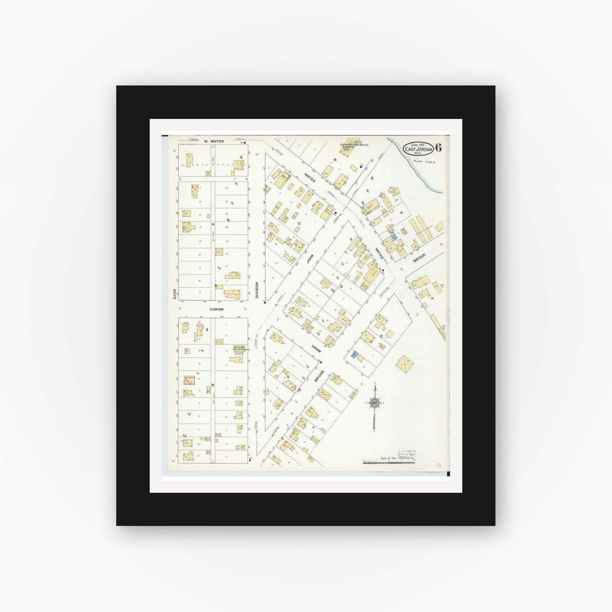 Old map wall art mockup — black gallery frame with white mat — Sanborn Fire Insurance Map from East Jordan, Charlevoix County, Michigan (1912), Sheet #0006